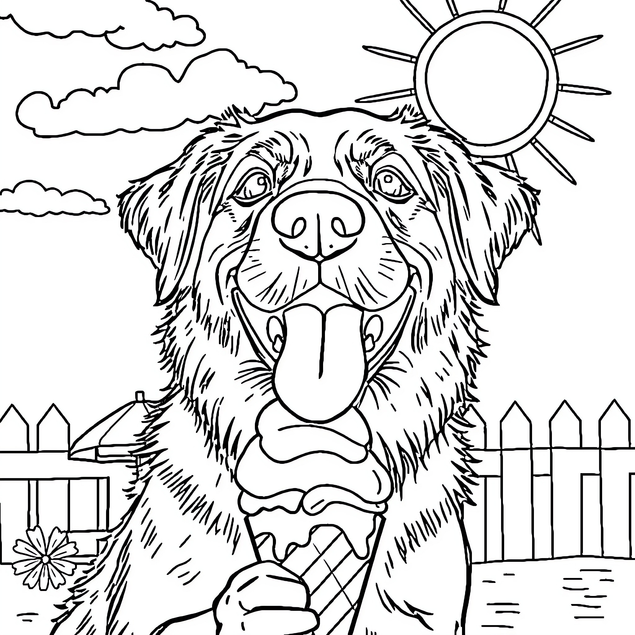 Dog enjoying the sunny day in the park Coloring Page (free black-and-white line drawing printable PDF for all, from beginners to advanced learners, including children, teens, adults, and seniors)