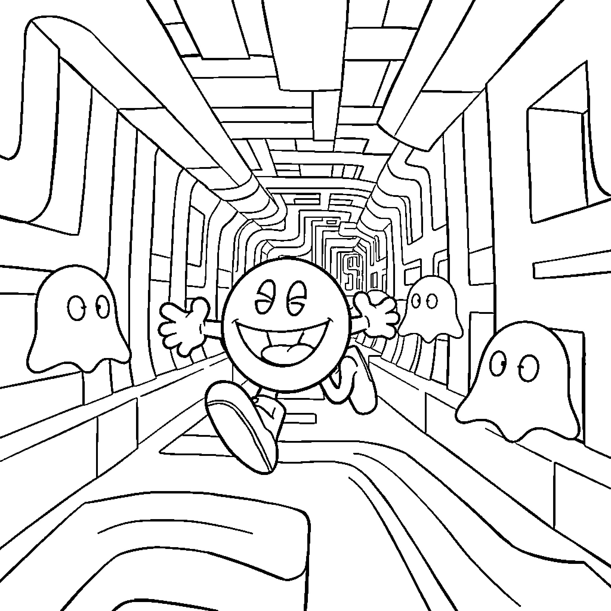 Pacman running through a winding maze with ghosts Coloring Page (free black-and-white line drawing printable PDF for all, from beginners to advanced learners, including children, teens, adults, and seniors)