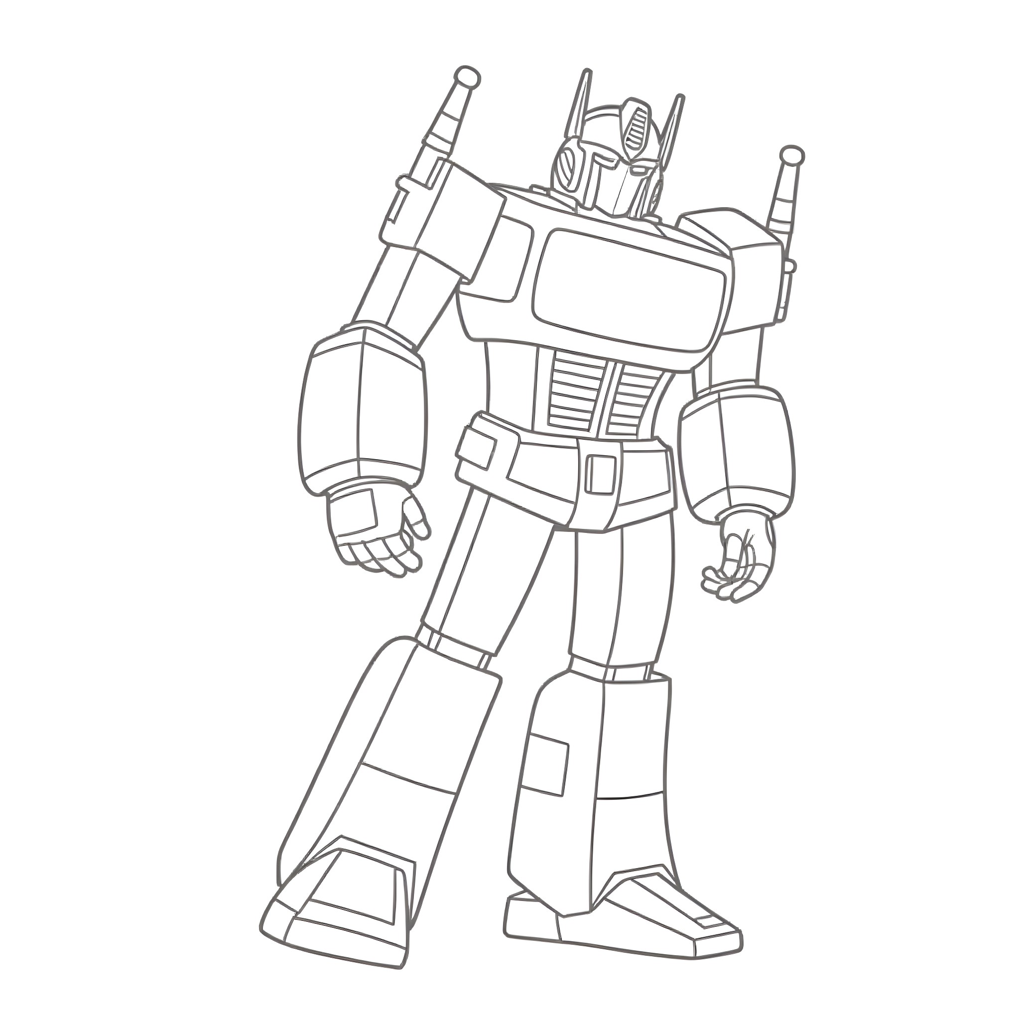Optimus Prime robot in heroic pose Coloring Page (free black-and-white line drawing printable PDF for all, from beginners to advanced learners, including children, teens, adults, and seniors)