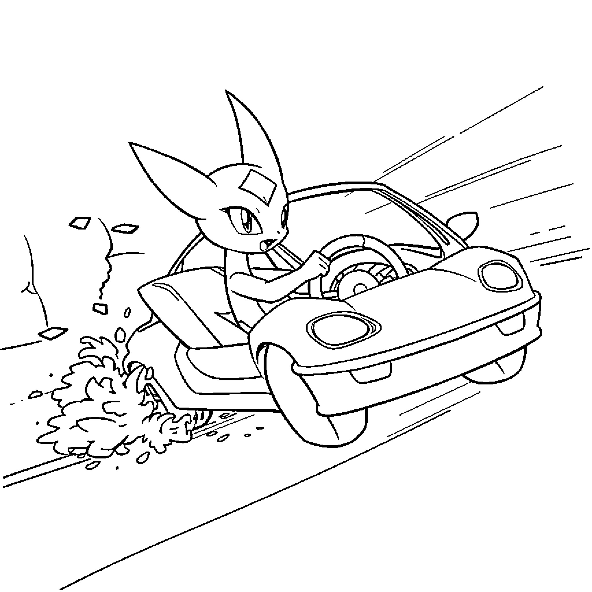 Mewtwo racing through the road in a sports car Coloring Page (free black-and-white line drawing printable PDF for all, from beginners to advanced learners, including children, teens, adults, and seniors)