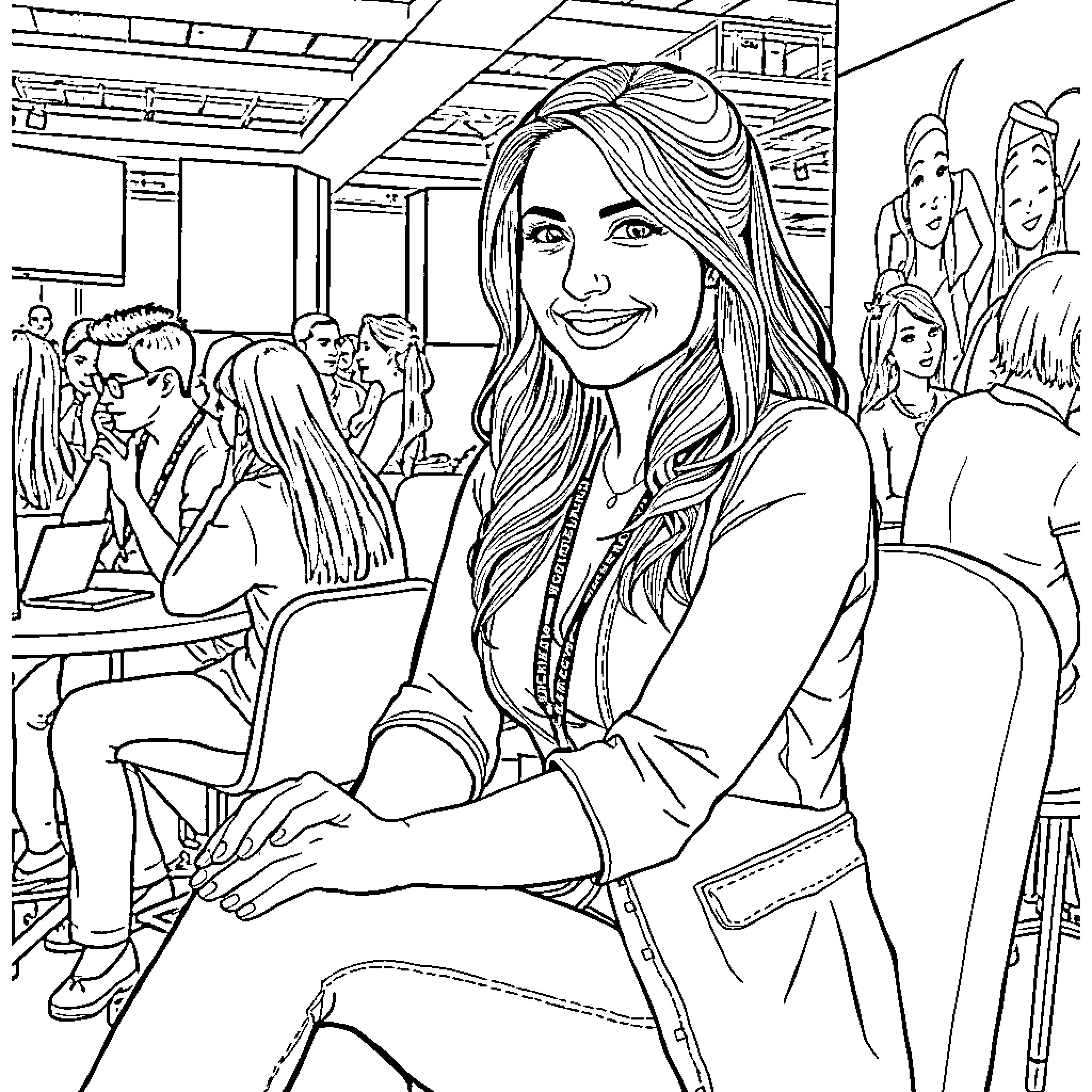 Trisha Hershberger smiling confidently in a busy setting Coloring Page (free black-and-white line drawing printable PDF for all, from beginners to advanced learners, including children, teens, adults, and seniors)