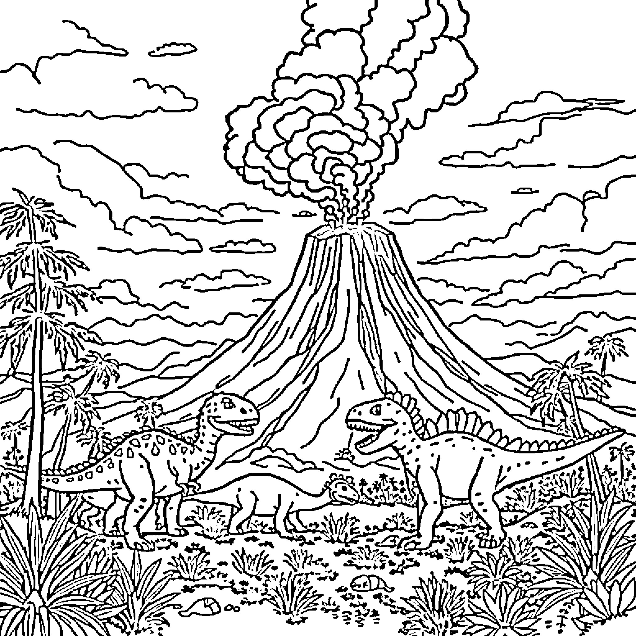 Dinosaurs in a Prehistoric Landscape Coloring Page (free black-and-white line drawing printable PDF for all, from beginners to advanced learners, including children, teens, adults, and seniors)