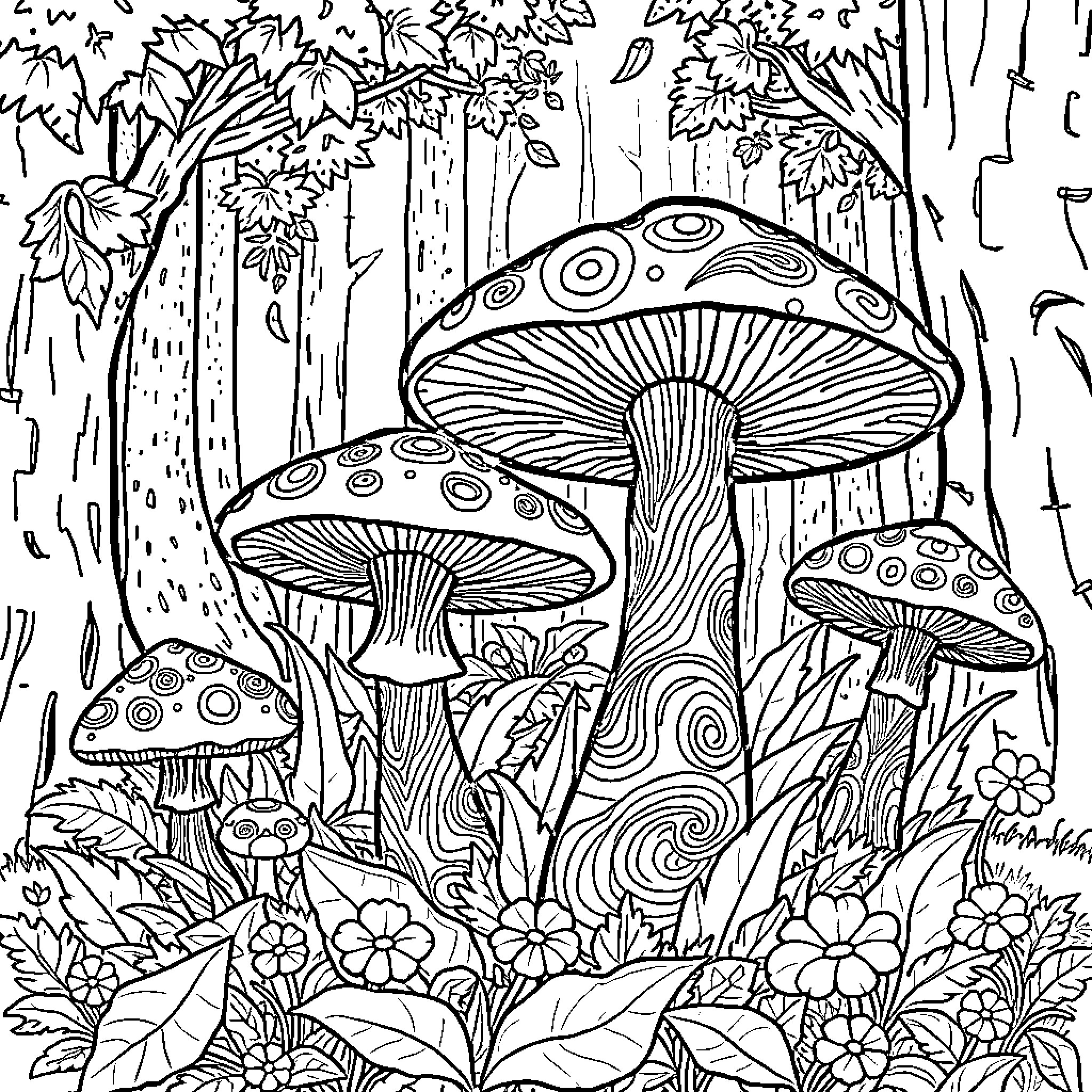 Mushroom Forest Fantasy Scene Coloring Page (free black-and-white line drawing printable PDF for all, from beginners to advanced learners, including children, teens, adults, and seniors)