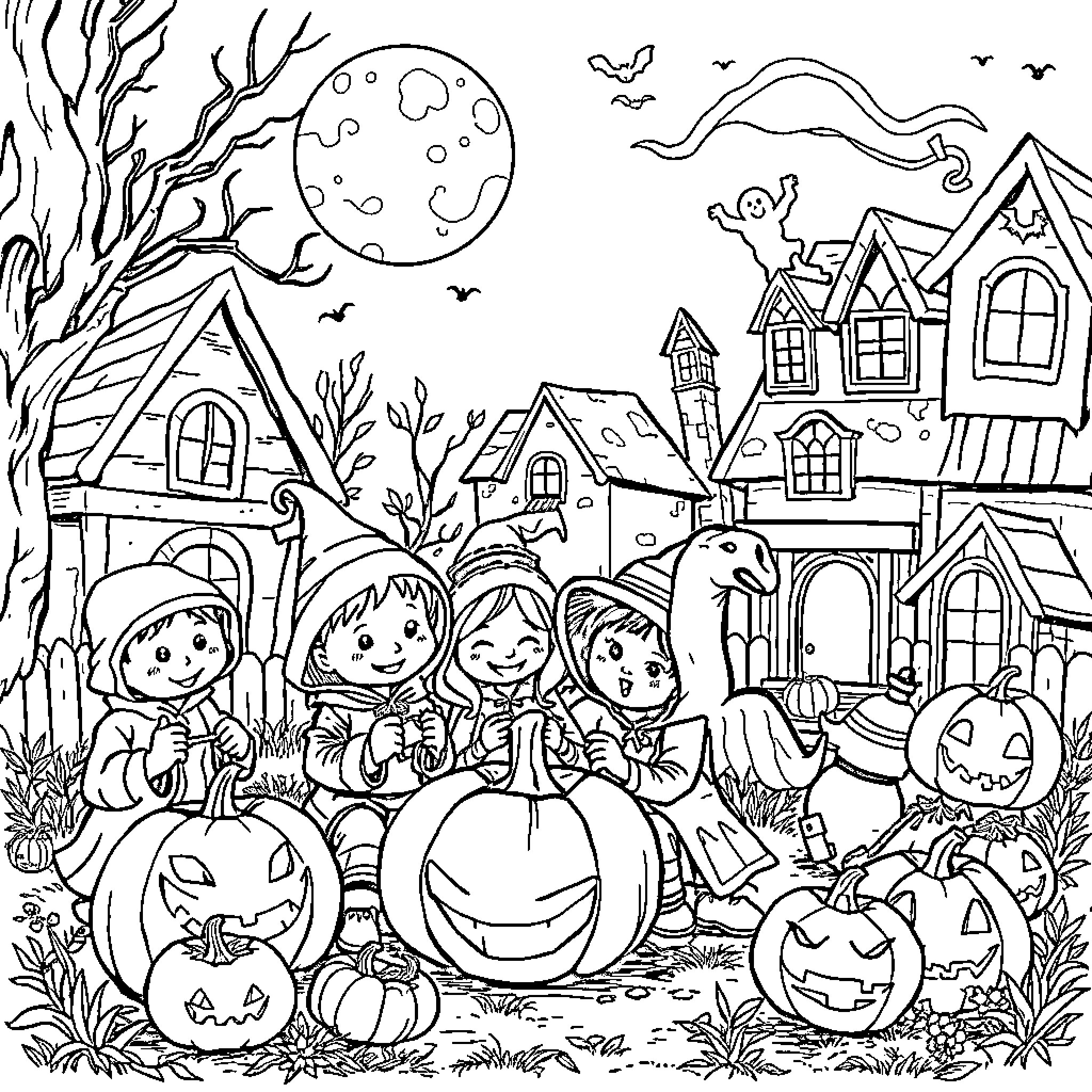 Halloween Fun in a Spooky Neighborhood Coloring Page (free black-and-white line drawing printable PDF for all, from beginners to advanced learners, including children, teens, adults, and seniors)
