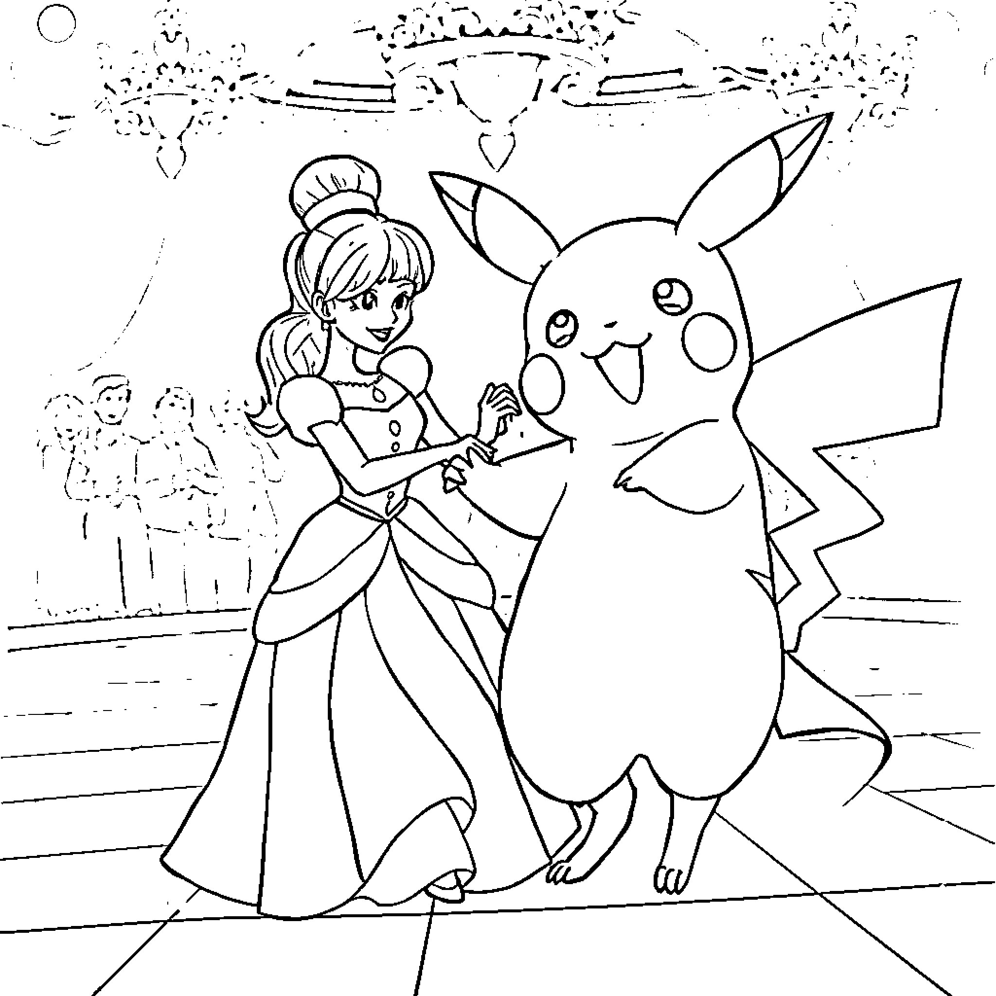 Pikachu and Princess Playing Together Coloring Page (free black-and-white line drawing printable PDF for all, from beginners to advanced learners, including children, teens, adults, and seniors)