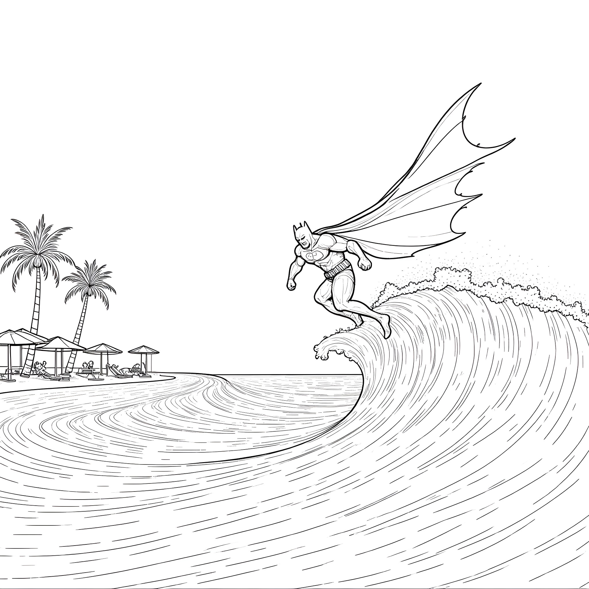 Batman surfing the waves on a tropical beach Coloring Page (free black-and-white line drawing printable PDF for all, from beginners to advanced learners, including children, teens, adults, and seniors)