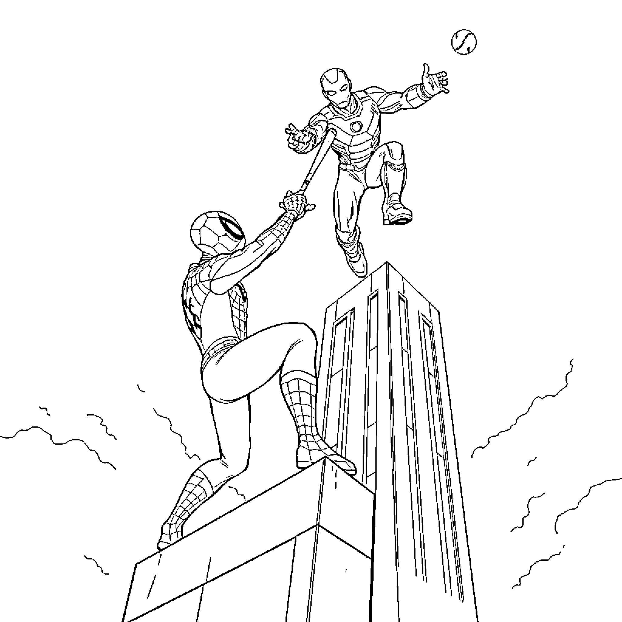 Spider-Man heroic action scene with cityscape Coloring Page (free black-and-white line drawing printable PDF for all, from beginners to advanced learners, including children, teens, adults, and seniors)