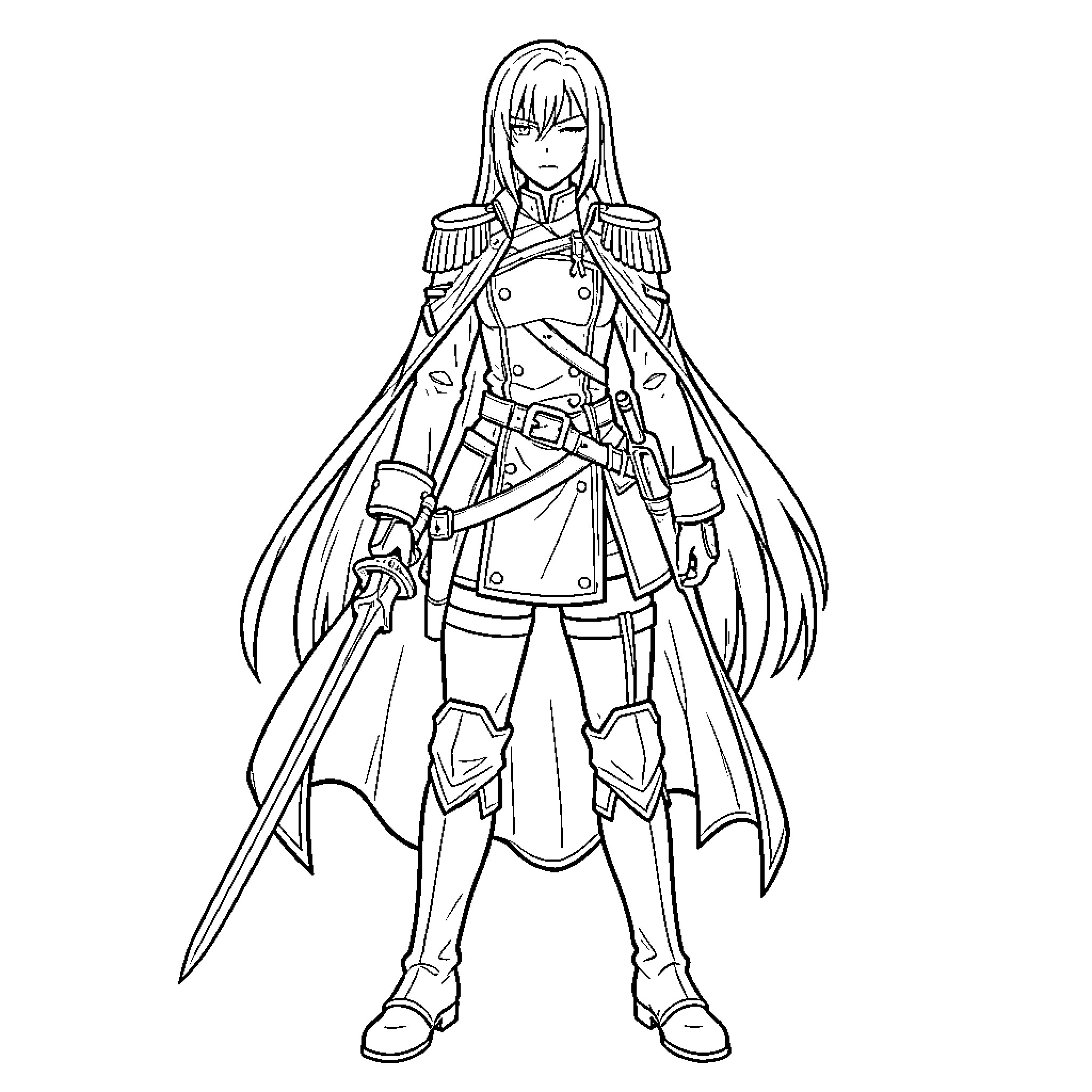 Esdeath standing tall in military attire holding a sword Coloring Page (free black-and-white line drawing printable PDF for all, from beginners to advanced learners, including children, teens, adults, and seniors)