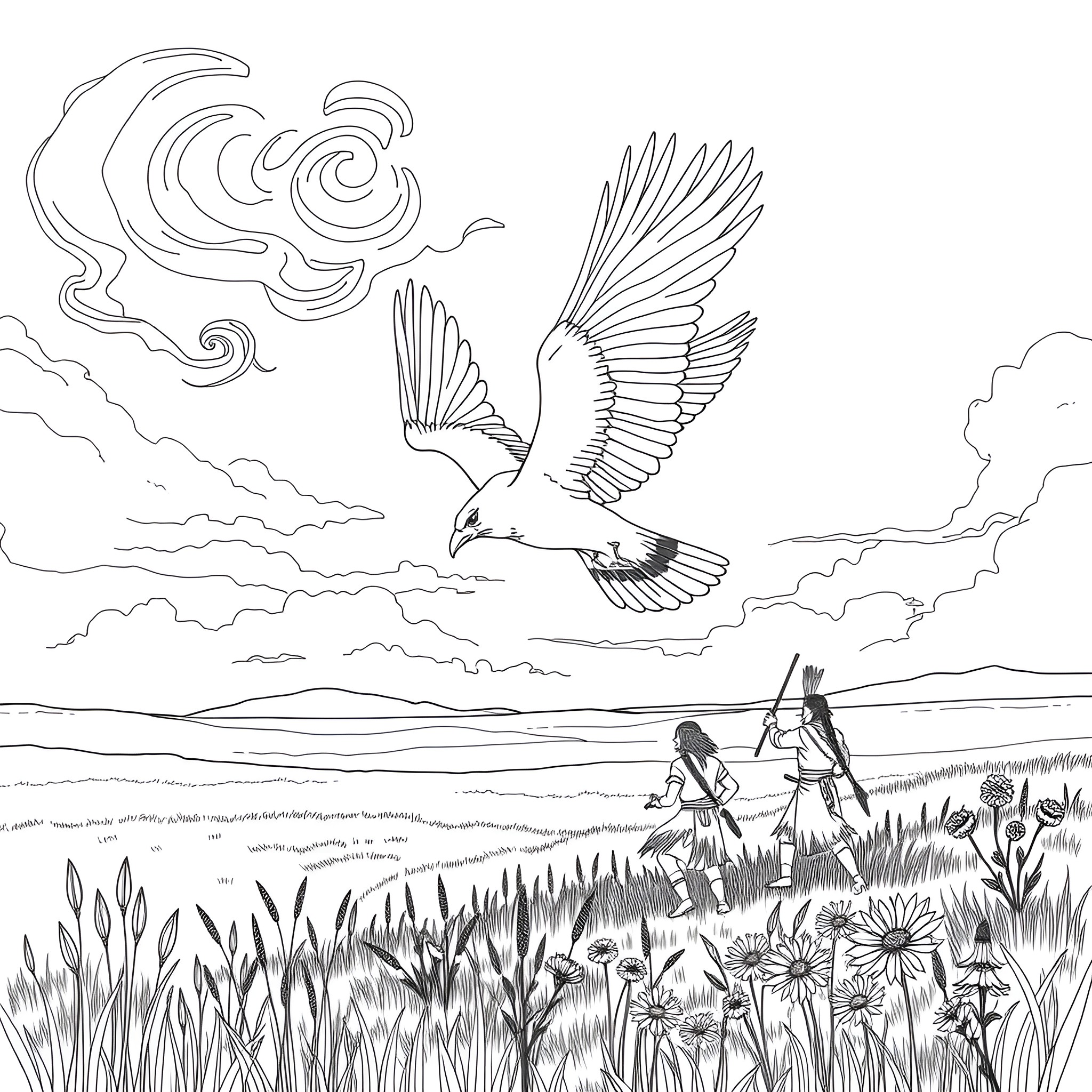 Thunderbird soaring majestically over a tranquil meadow Coloring Page (free black-and-white line drawing printable PDF for all, from beginners to advanced learners, including children, teens, adults, and seniors)