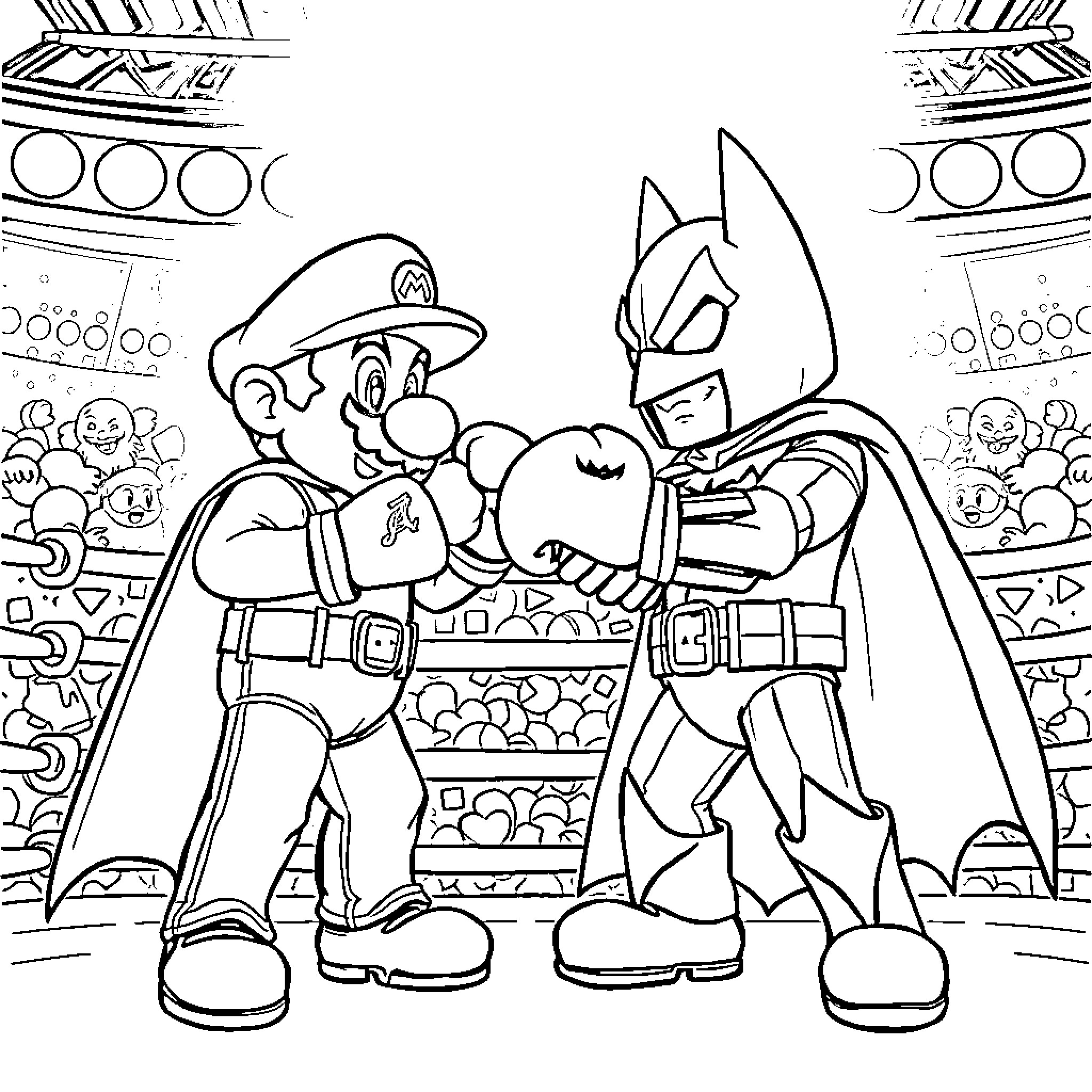 Mario and Batman in an Epic Encounter Coloring Page (free black-and-white line drawing printable PDF for all, from beginners to advanced learners, including children, teens, adults, and seniors)