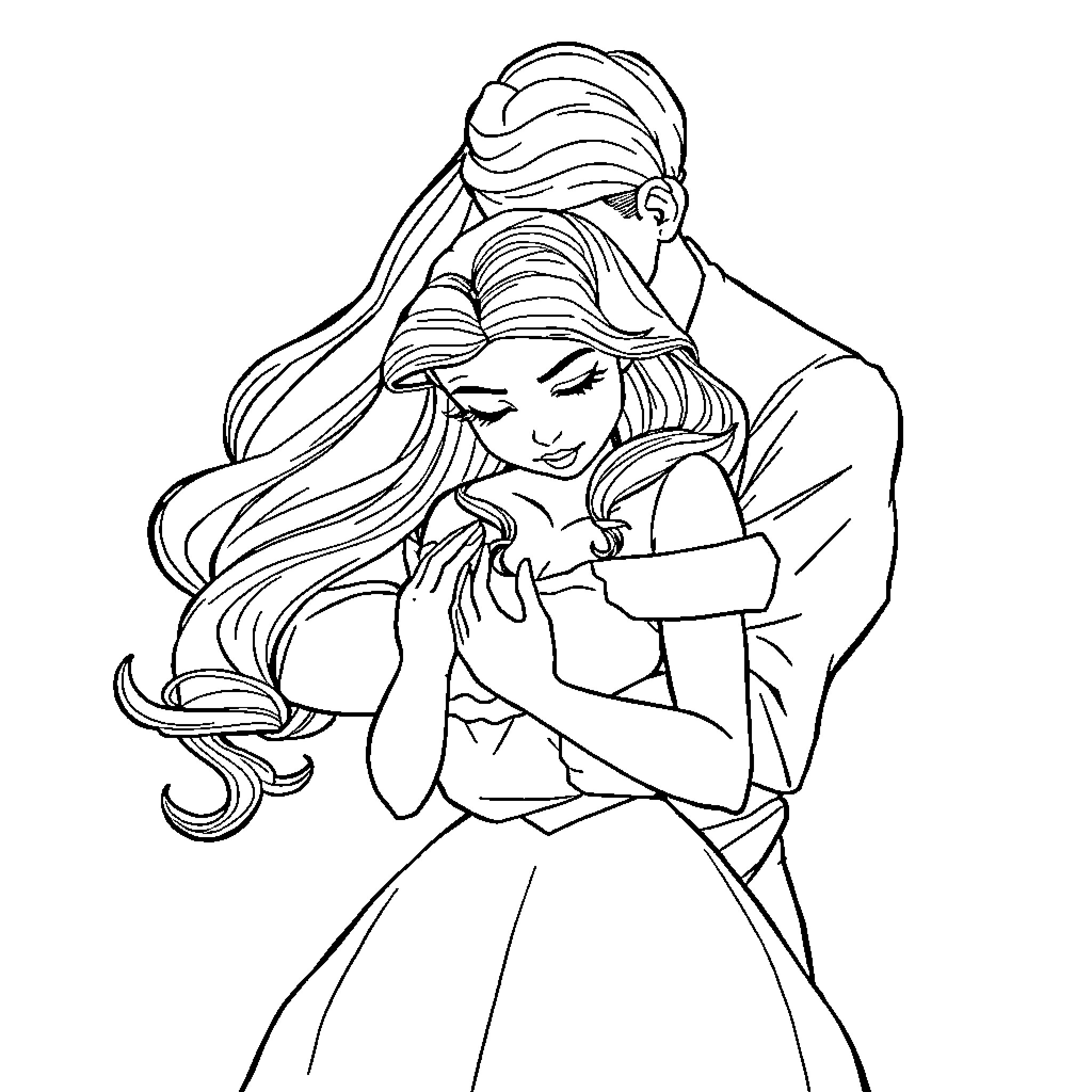 Belle in a Thoughtful Embrace Coloring Page (free black-and-white line drawing printable PDF for all, from beginners to advanced learners, including children, teens, adults, and seniors)