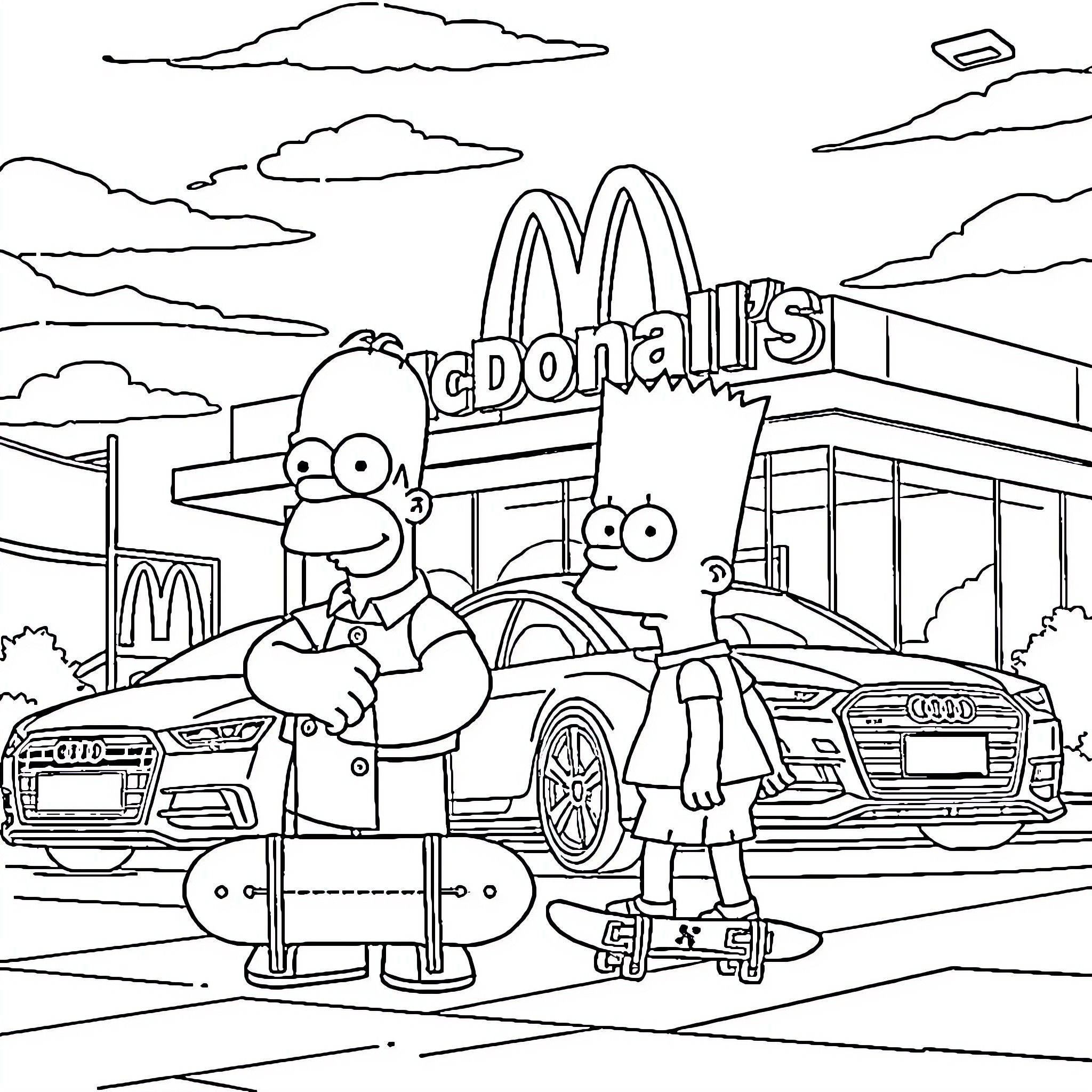 Simpson characters visit McDonald's restaurant Coloring Page (free black-and-white line drawing printable PDF for all, from beginners to advanced learners, including children, teens, adults, and seniors)