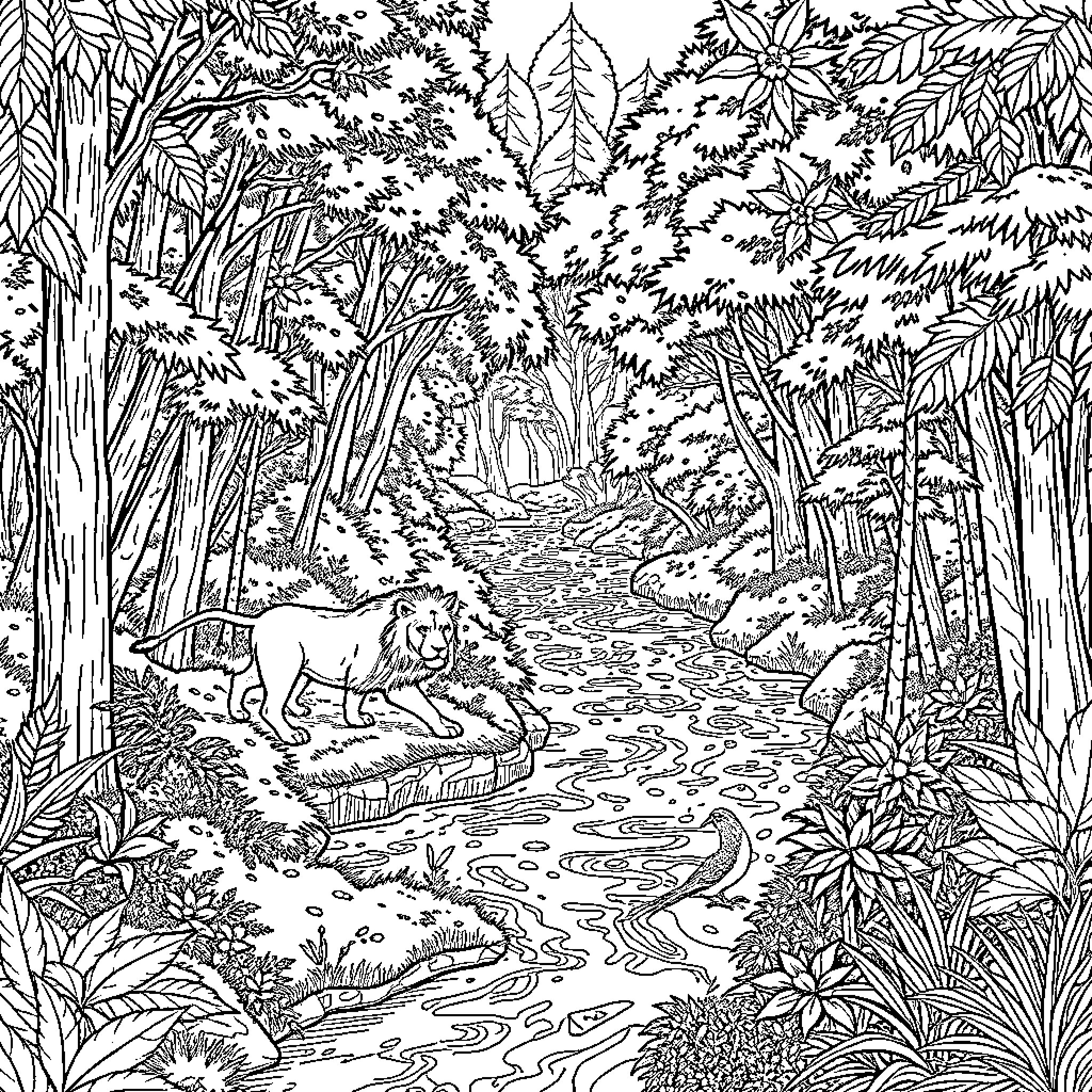 Lion in the Lush Jungle Landscape Coloring Page (free black-and-white line drawing printable PDF for all, from beginners to advanced learners, including children, teens, adults, and seniors)