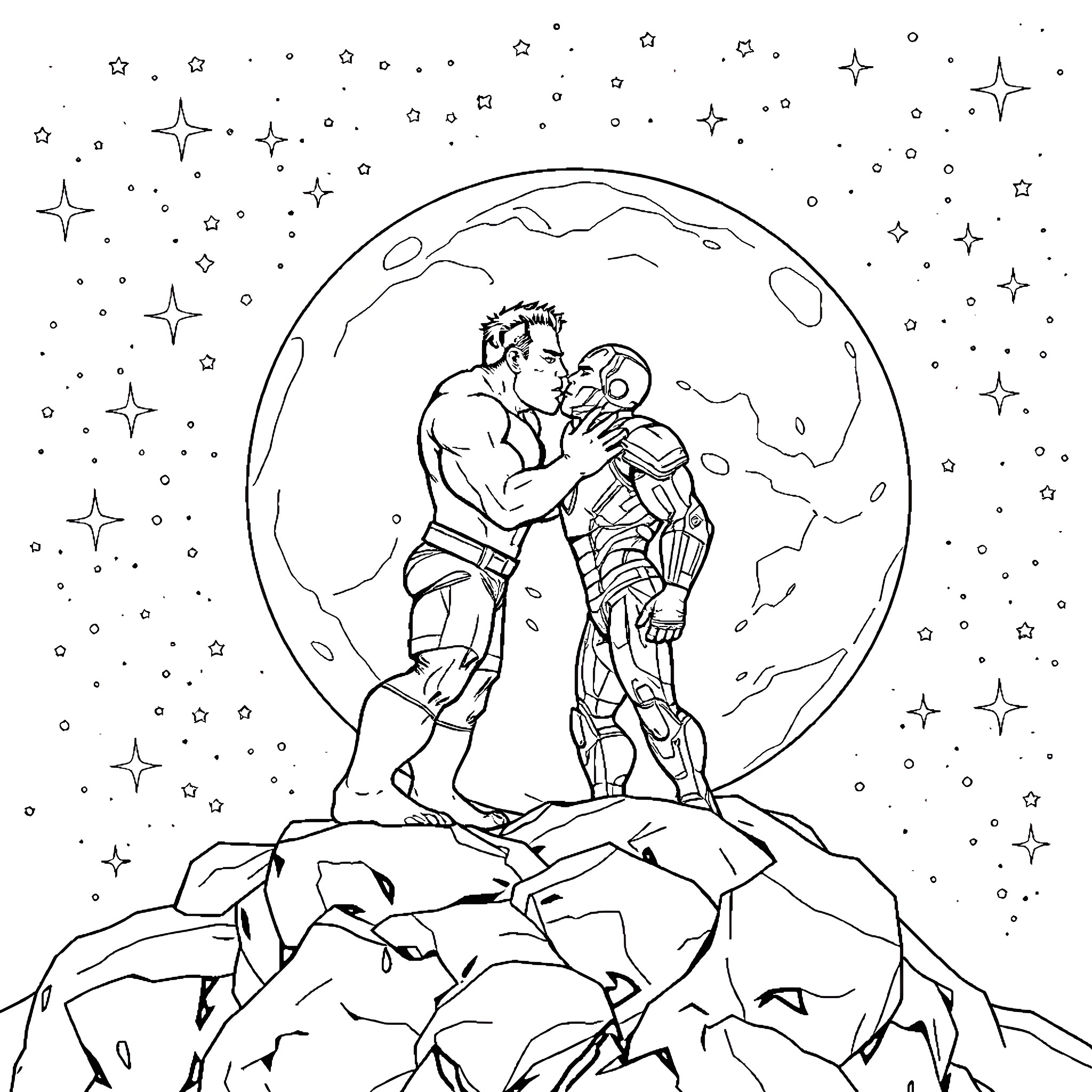 Hulk embracing space hero under starry night sky Coloring Page (free black-and-white line drawing printable PDF for all, from beginners to advanced learners, including children, teens, adults, and seniors)