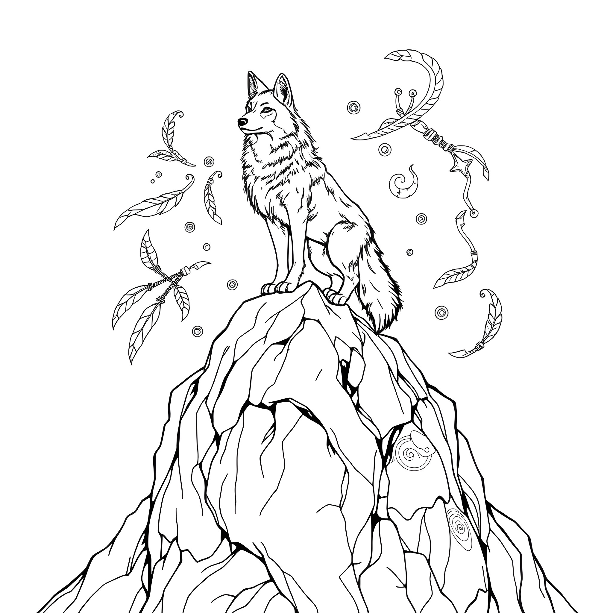 Coyote perched atop a rocky outcrop amid feathers Coloring Page (free black-and-white line drawing printable PDF for all, from beginners to advanced learners, including children, teens, adults, and seniors)
