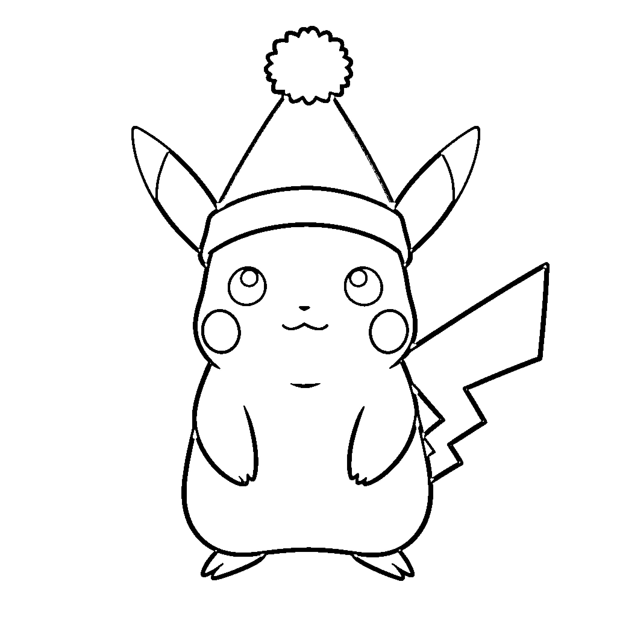 Pikachu wearing a party hat Coloring Page (free black-and-white line drawing printable PDF for all, from beginners to advanced learners, including children, teens, adults, and seniors)