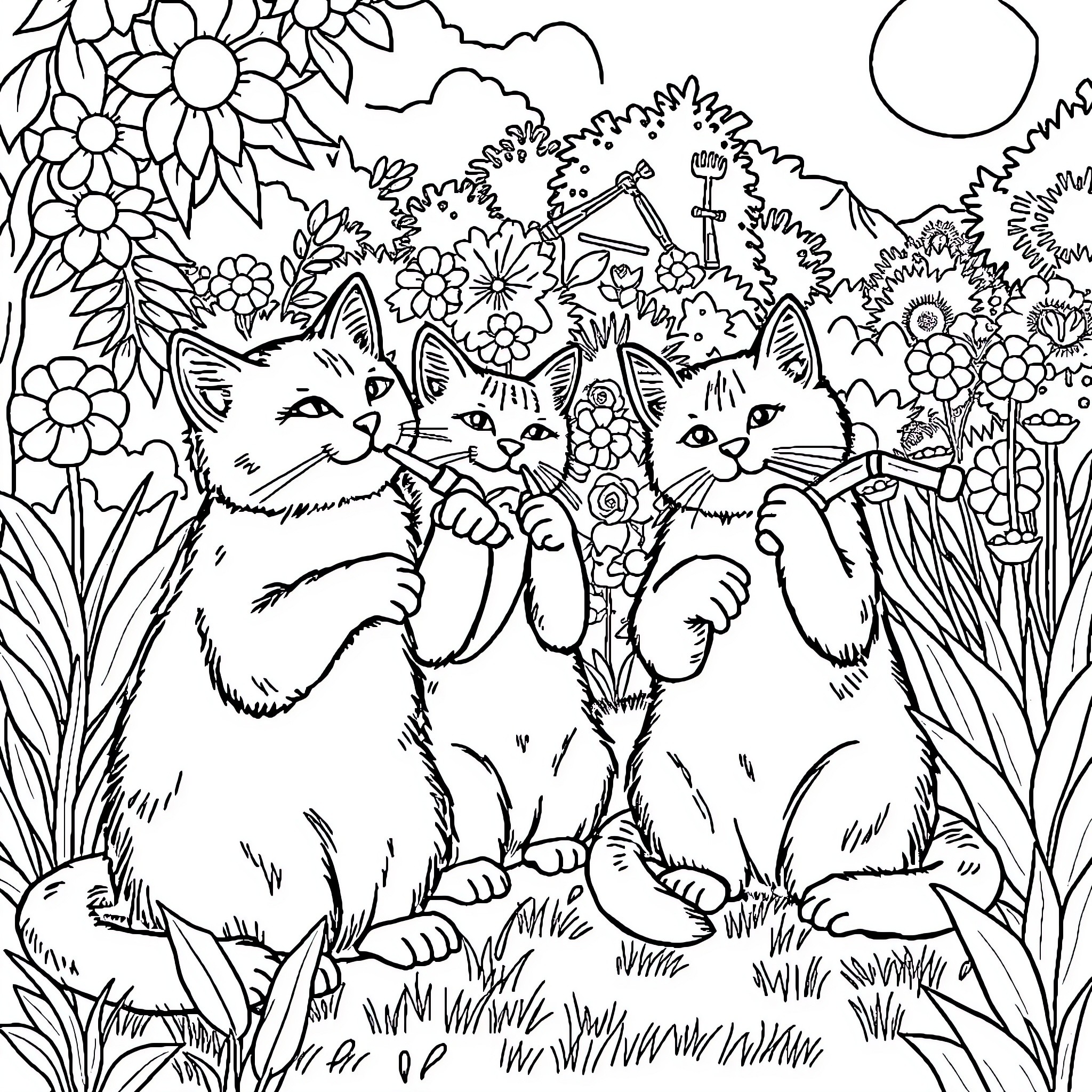 Cats exploring enchanted floral garden Coloring Page (free black-and-white line drawing printable PDF for all, from beginners to advanced learners, including children, teens, adults, and seniors)
