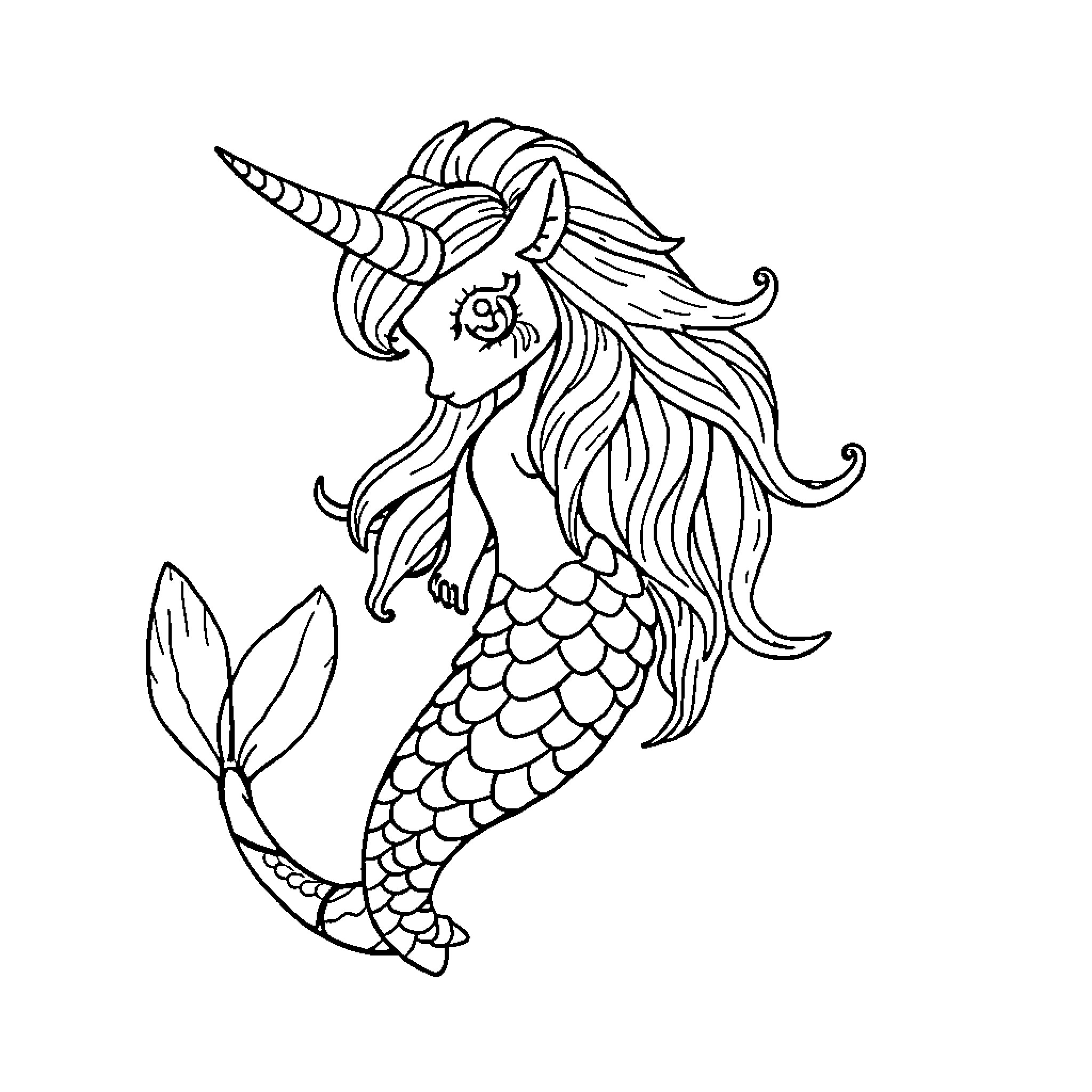 Gaticorn mermaid swimming gracefully in the sea Coloring Page (free black-and-white line drawing printable PDF for all, from beginners to advanced learners, including children, teens, adults, and seniors)