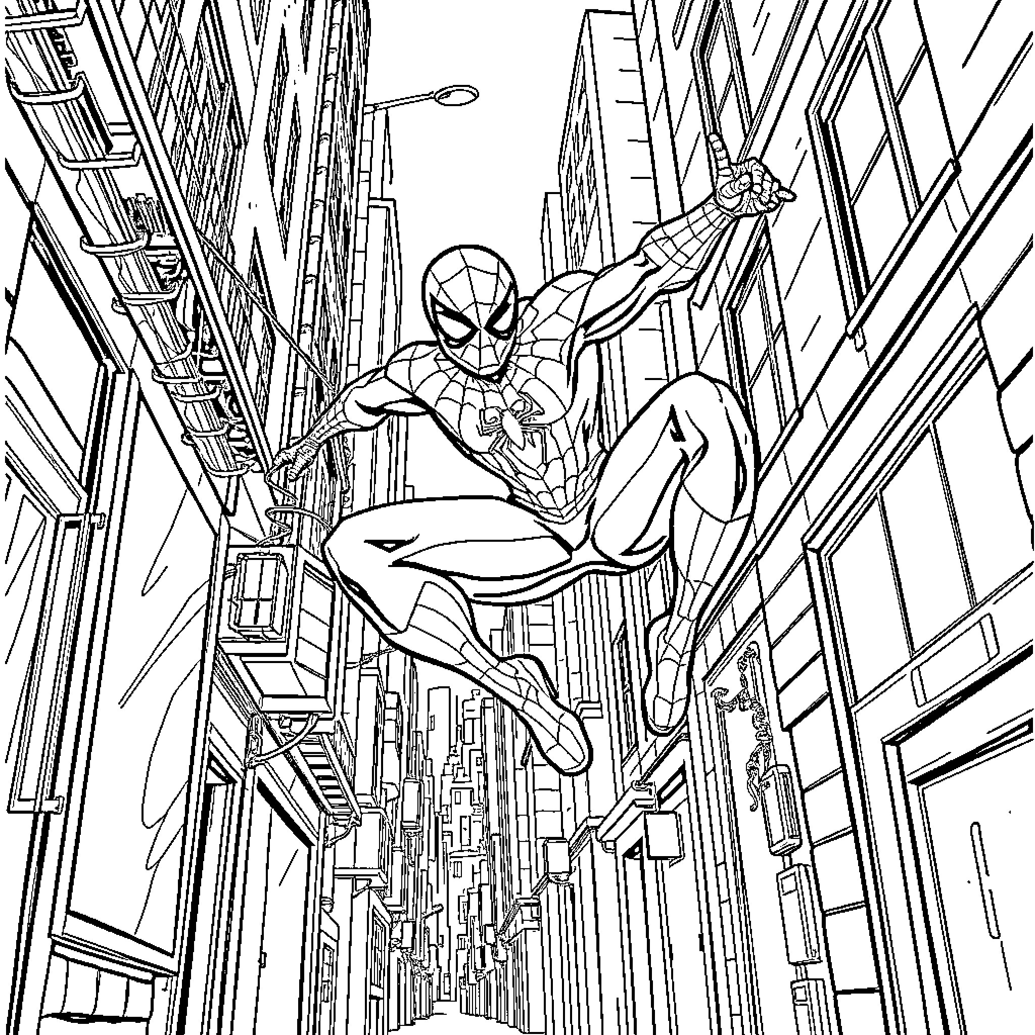 Spiderman swinging through the city streets Coloring Page (free black-and-white line drawing printable PDF for all, from beginners to advanced learners, including children, teens, adults, and seniors)