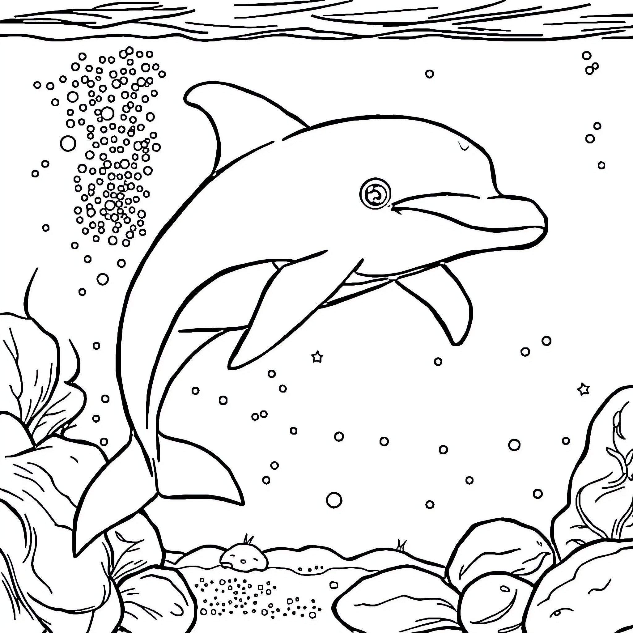 Dolphin swimming happily in the underwater scene Coloring Page (free black-and-white line drawing printable PDF for all, from beginners to advanced learners, including children, teens, adults, and seniors)