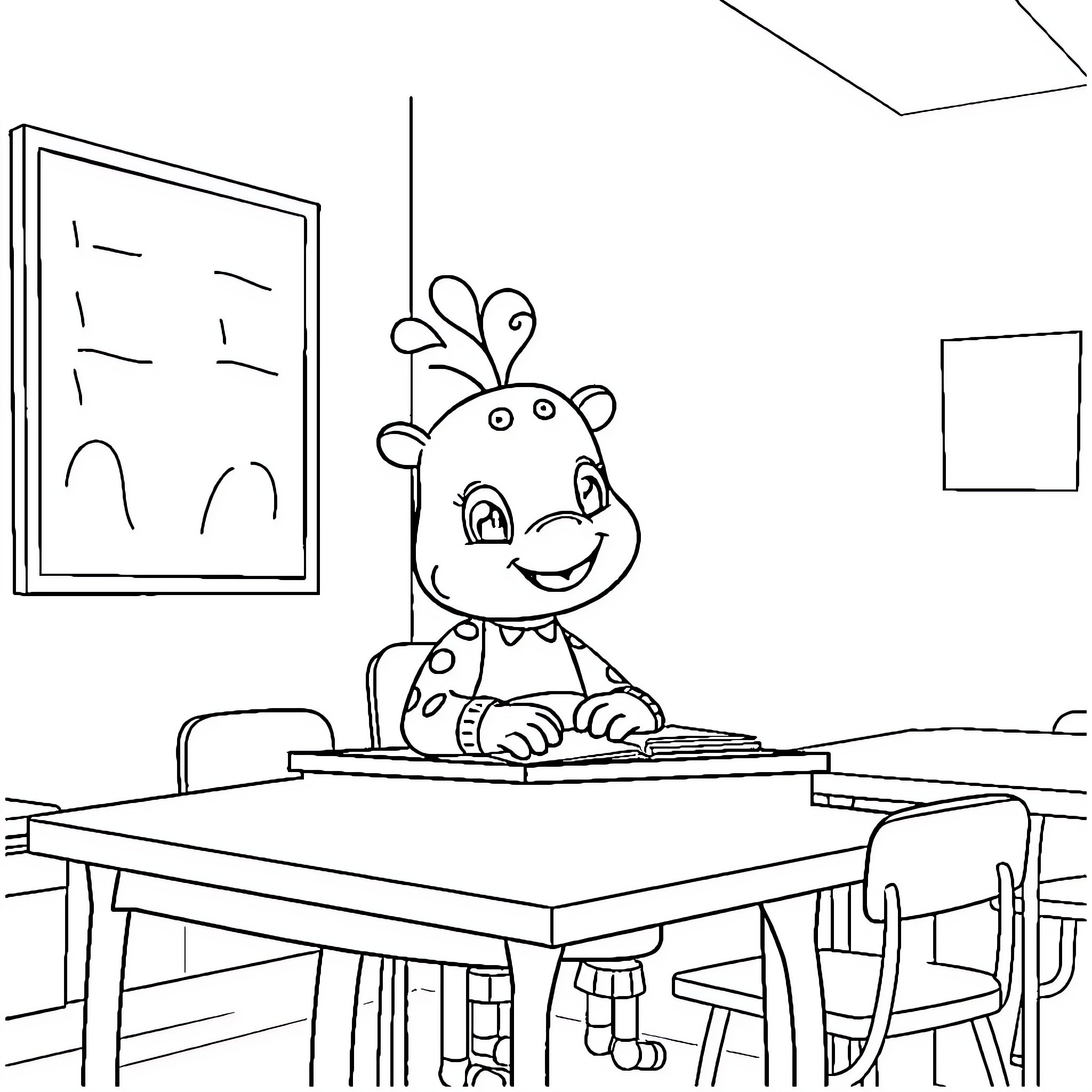 Labubu happily working on a school project Coloring Page (free black-and-white line drawing printable PDF for all, from beginners to advanced learners, including children, teens, adults, and seniors)