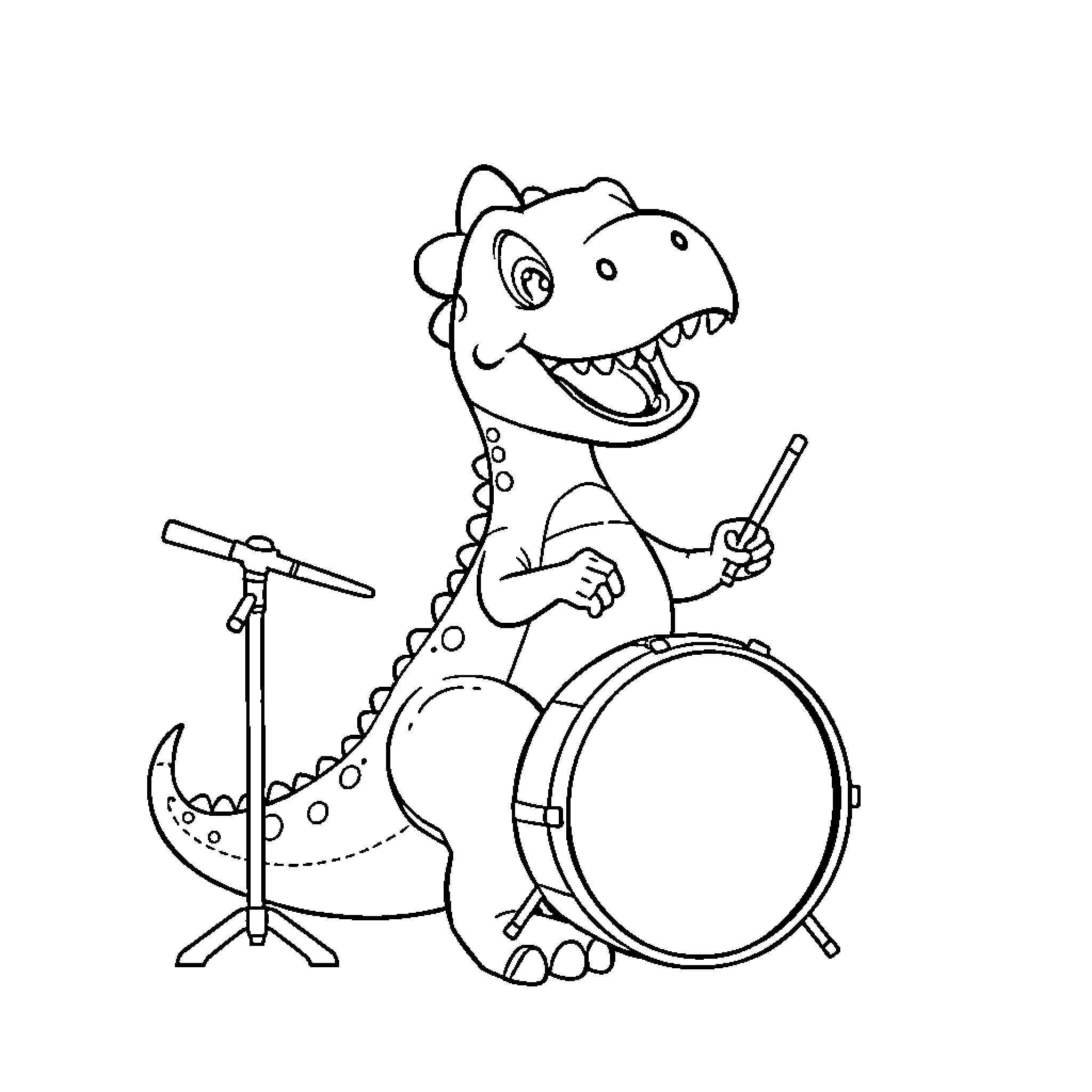 Dinosaur playing drums with microphone Coloring Page (free black-and-white line drawing printable PDF for all, from beginners to advanced learners, including children, teens, adults, and seniors)