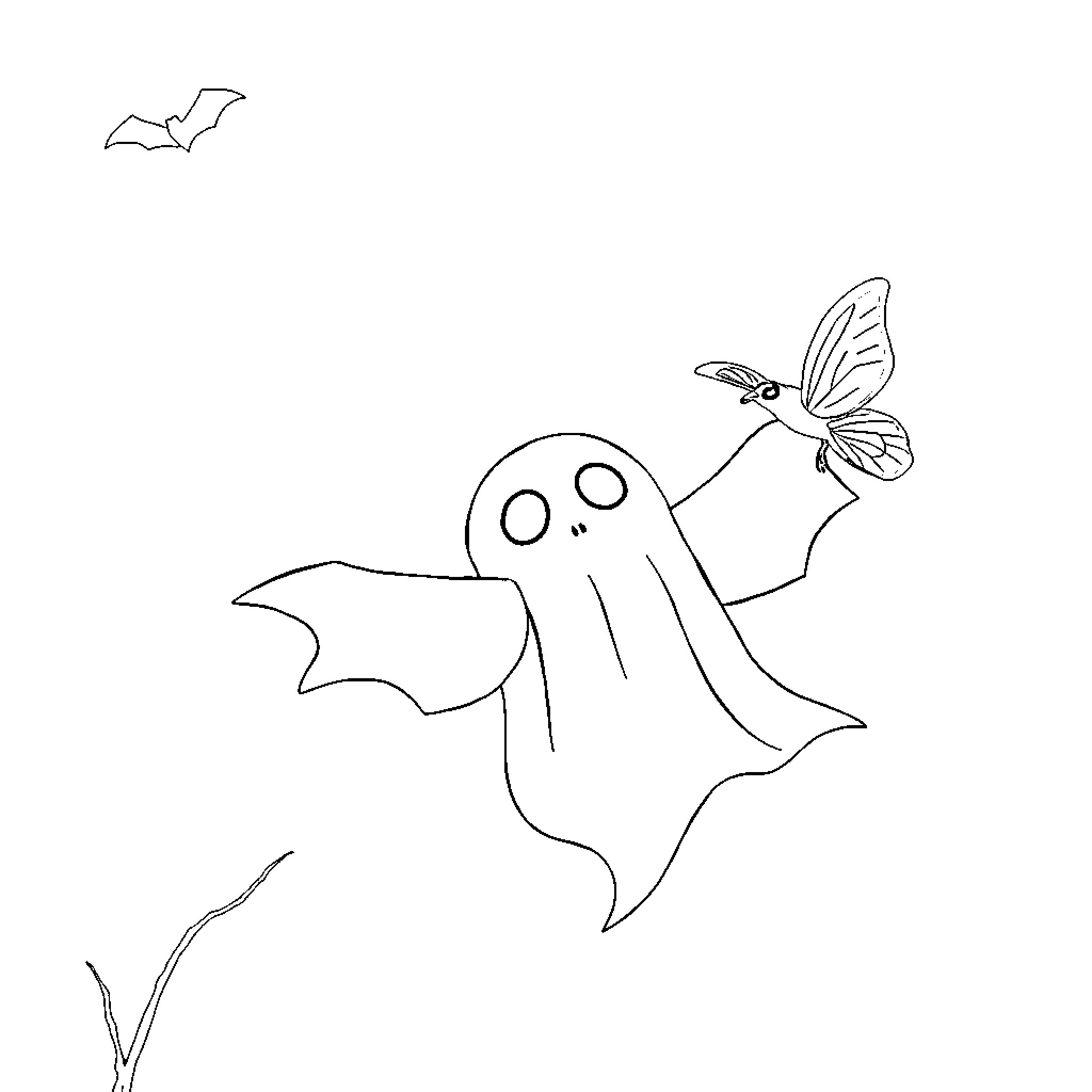 Ghost playing with a butterfly on Halloween Coloring Page (free black-and-white line drawing printable PDF for all, from beginners to advanced learners, including children, teens, adults, and seniors)