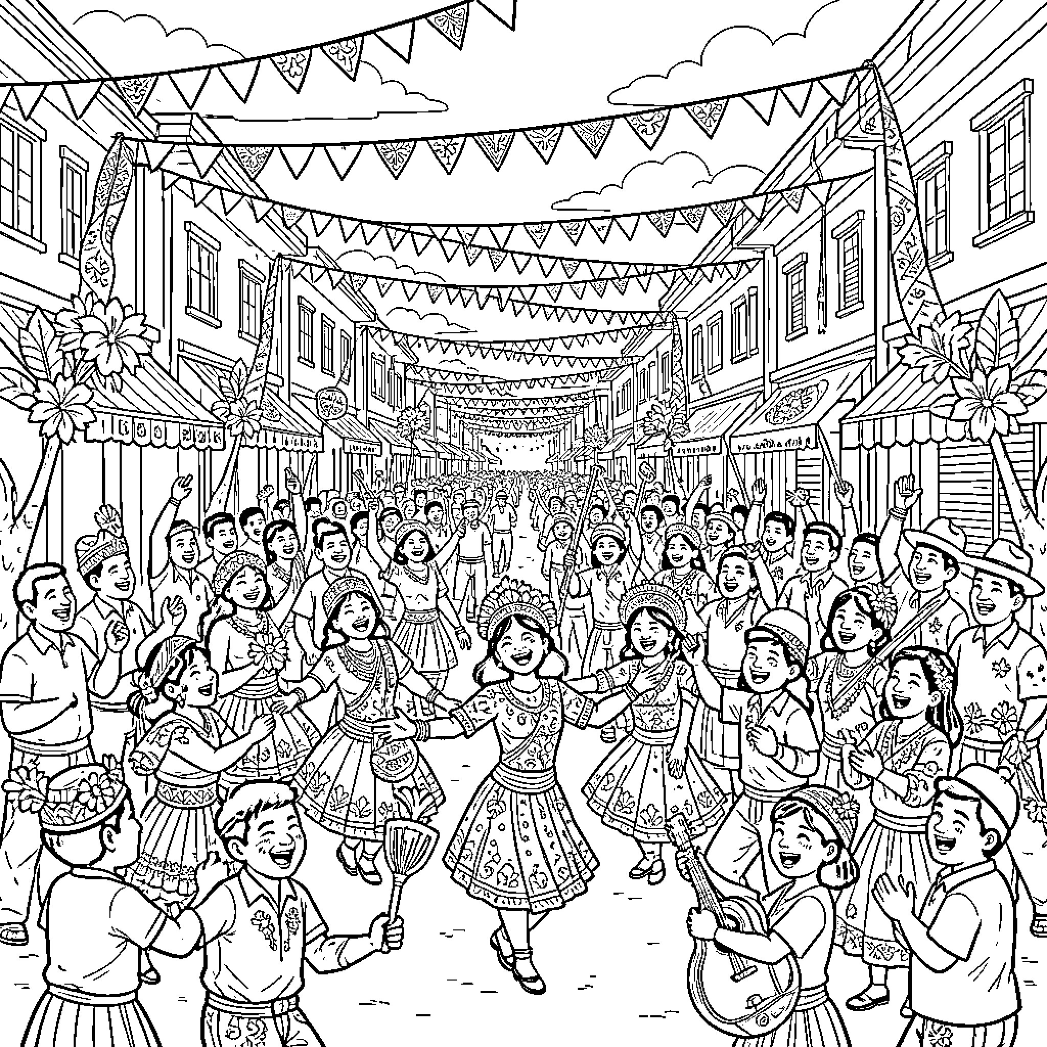 Festival of colorful costumes and lively celebrations Coloring Page (free black-and-white line drawing printable PDF for all, from beginners to advanced learners, including children, teens, adults, and seniors)