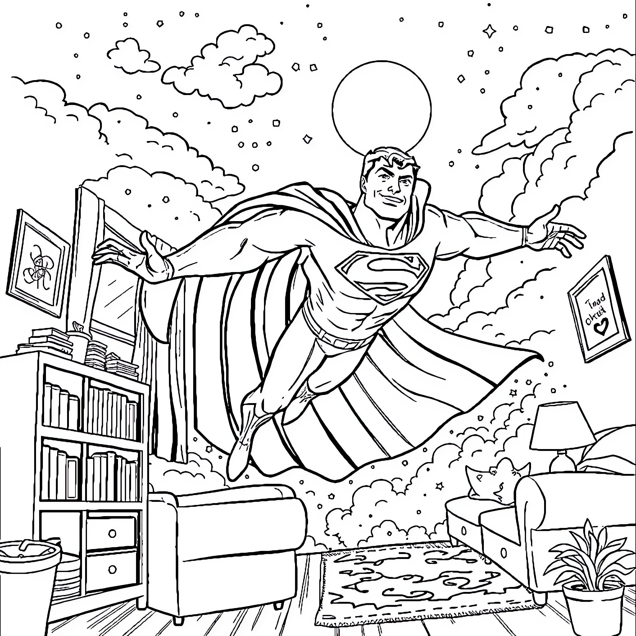 Superman soaring through the clouds with determination Coloring Page (free black-and-white line drawing printable PDF for all, from beginners to advanced learners, including children, teens, adults, and seniors)
