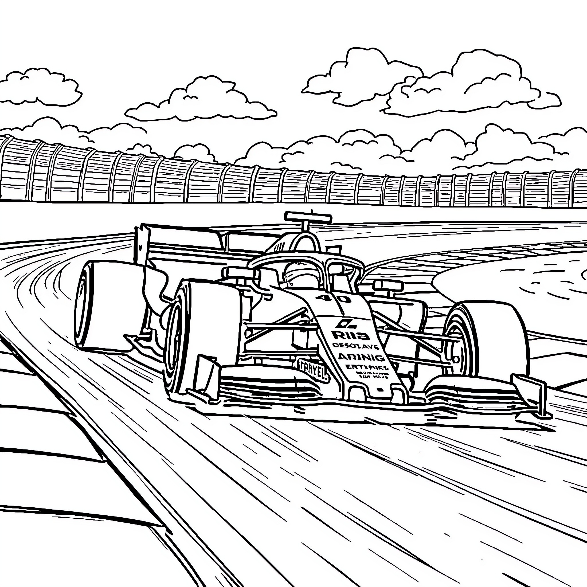 Formula 1 Racers Speeding on the Track Coloring Page (free black-and-white line drawing printable PDF for all, from beginners to advanced learners, including children, teens, adults, and seniors)