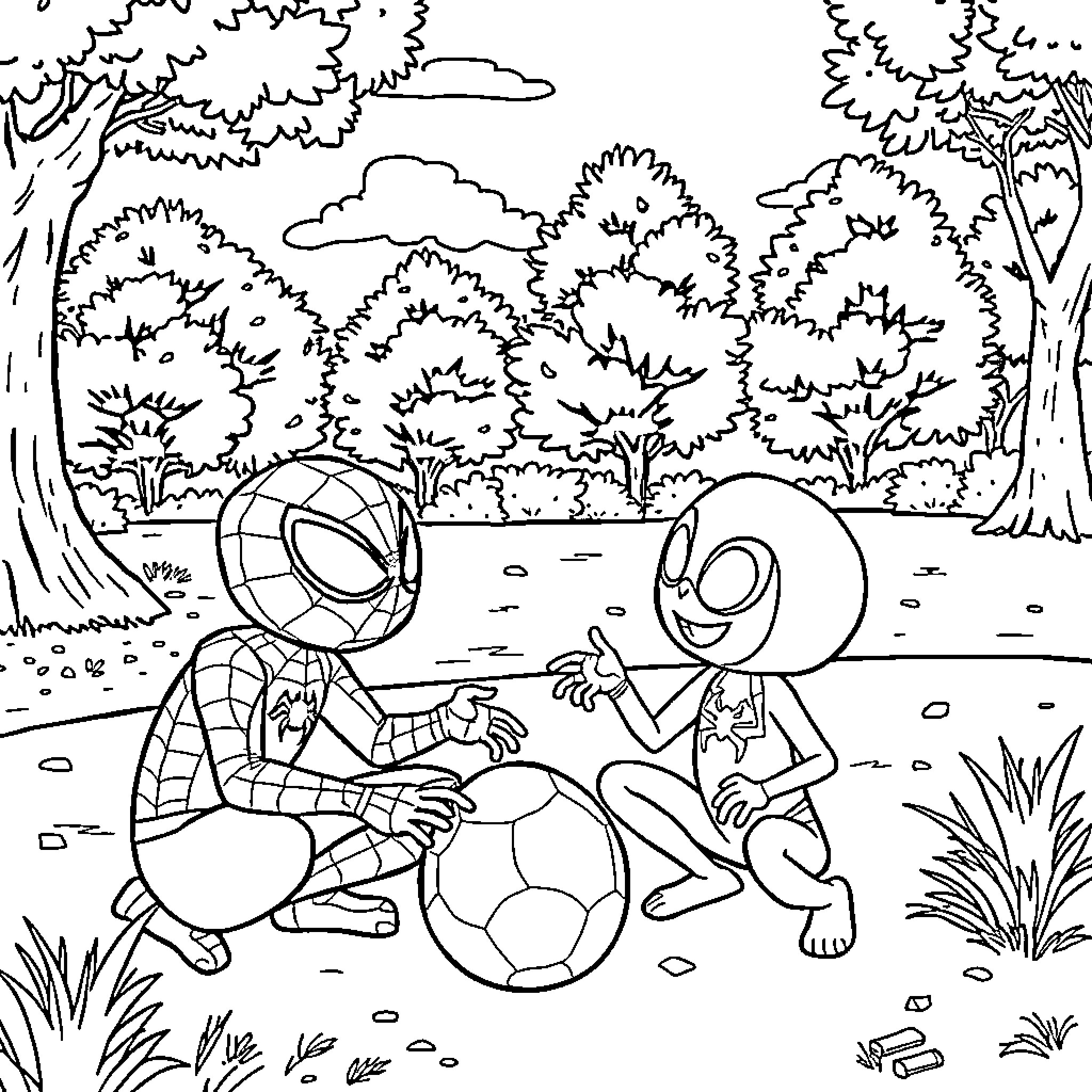 Spidey characters playing soccer in the forest Coloring Page (free black-and-white line drawing printable PDF for all, from beginners to advanced learners, including children, teens, adults, and seniors)