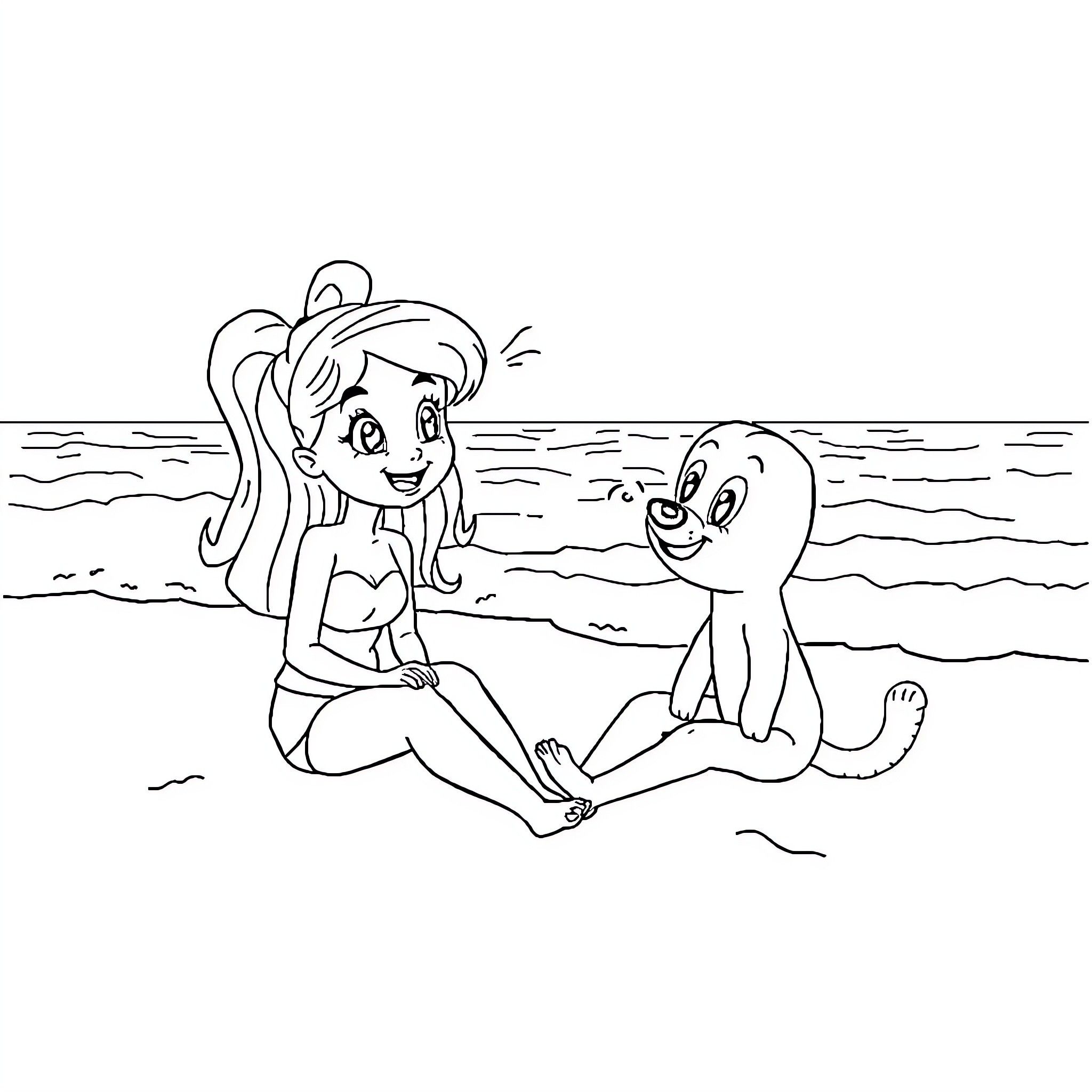Gabby relaxing at the beach with a friendly sea creature Coloring Page (free black-and-white line drawing printable PDF for all, from beginners to advanced learners, including children, teens, adults, and seniors)