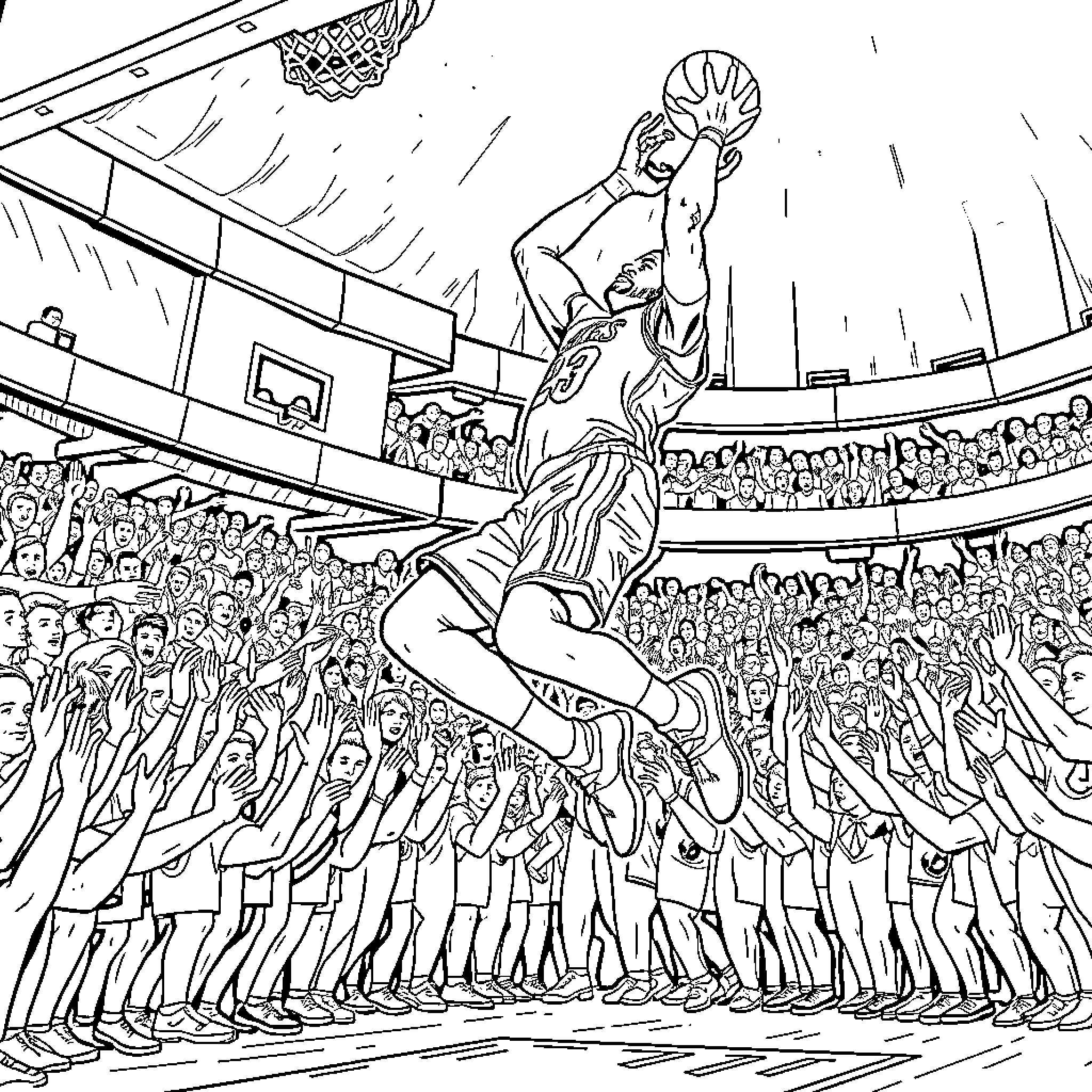 LeBron James Dunking in Basketball Arena Coloring Page (free black-and-white line drawing printable PDF for all, from beginners to advanced learners, including children, teens, adults, and seniors)