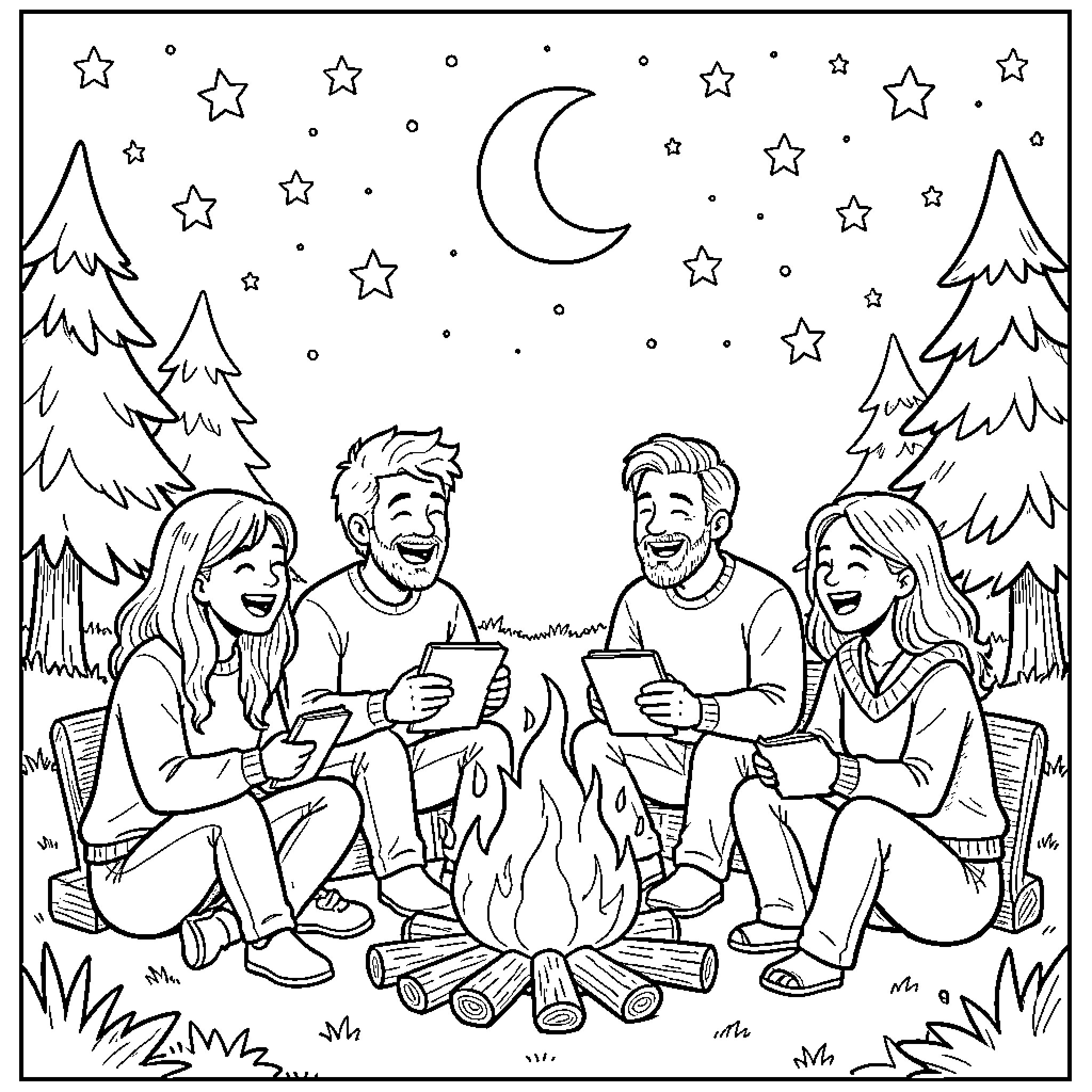 Group Enjoying Campfire Under Starry Night Sky Coloring Page (free black-and-white line drawing printable PDF for all, from beginners to advanced learners, including children, teens, adults, and seniors)