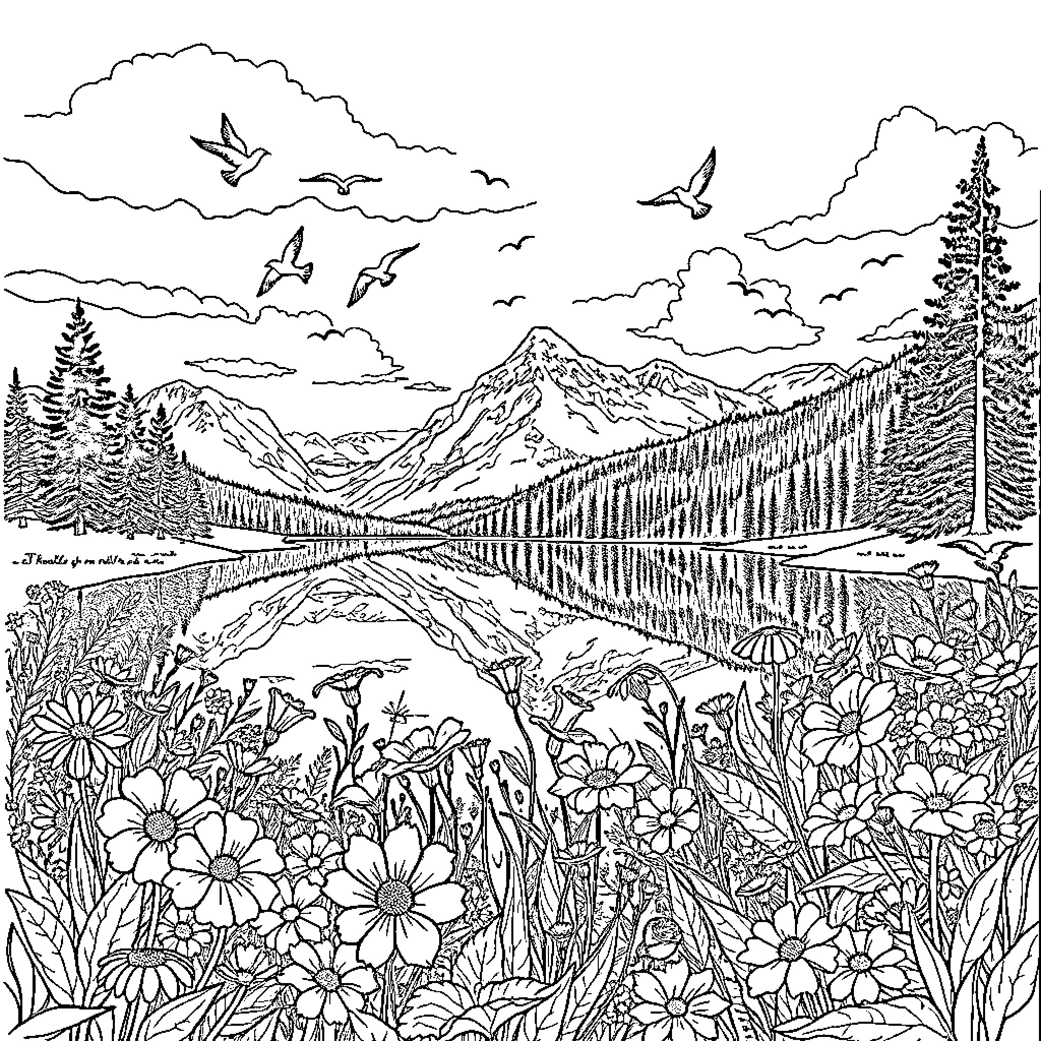 Lake surrounded by mountains, forests, and wildflowers Coloring Page (free black-and-white line drawing printable PDF for all, from beginners to advanced learners, including children, teens, adults, and seniors)