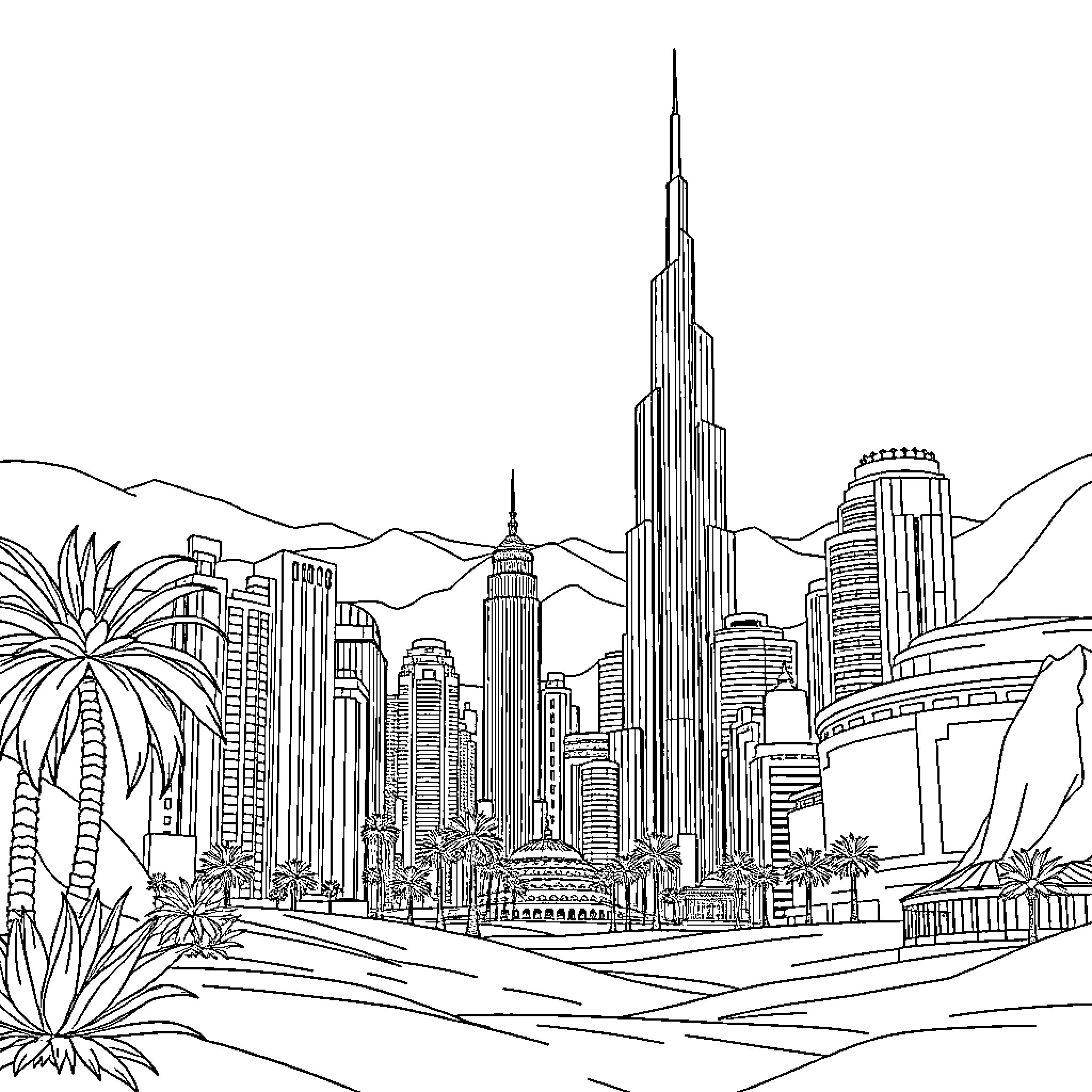 Dubai skyline with iconic architecture and palm trees Coloring Page (free black-and-white line drawing printable PDF for all, from beginners to advanced learners, including children, teens, adults, and seniors)