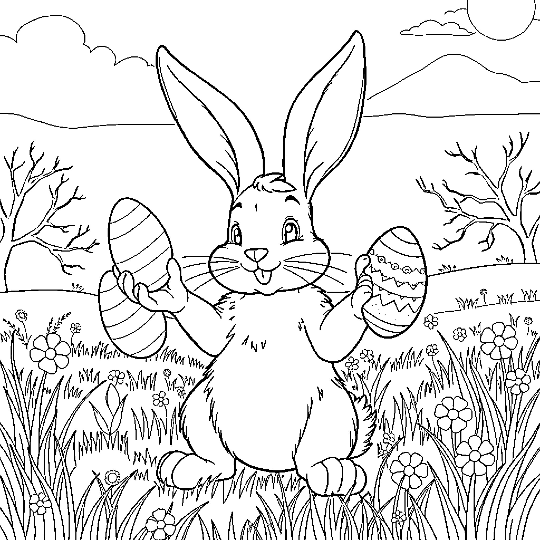 Bunny with Easter eggs in a spring landscape Coloring Page (free black-and-white line drawing printable PDF for all, from beginners to advanced learners, including children, teens, adults, and seniors)