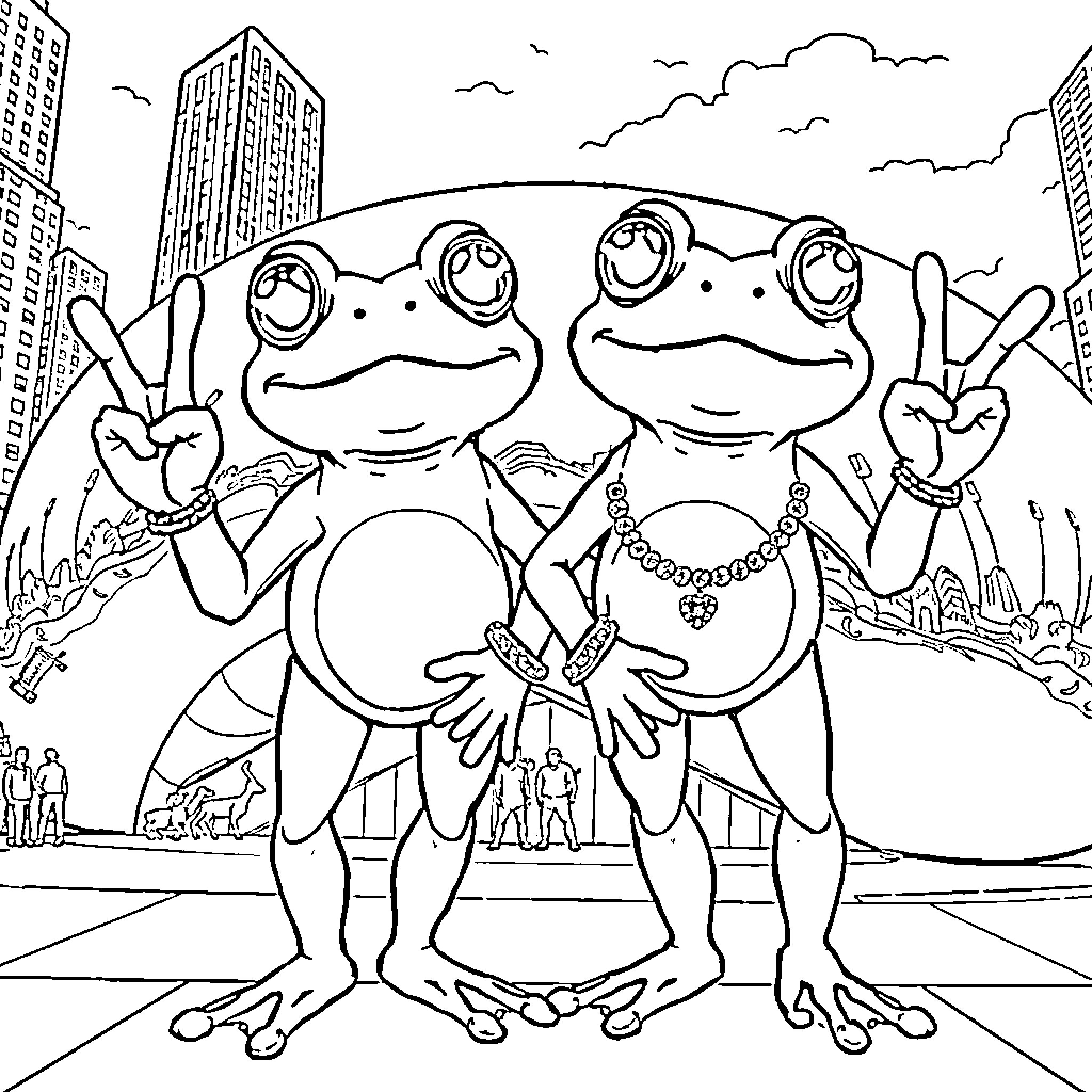 Frogs making peace signs in front of city skyline Coloring Page (free black-and-white line drawing printable PDF for all, from beginners to advanced learners, including children, teens, adults, and seniors)
