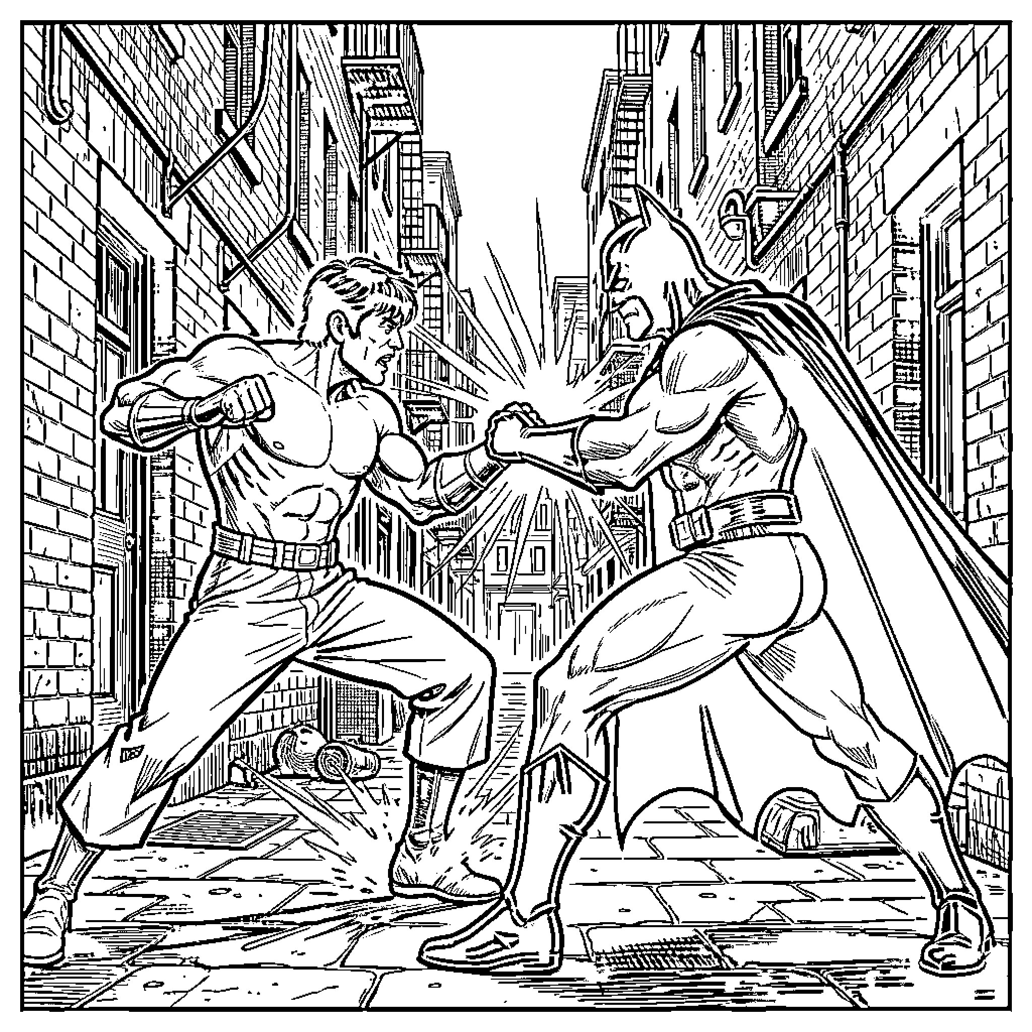 Bruce Lee's Legendary Martial Arts Duel with Batman Coloring Page (free black-and-white line drawing printable PDF for all, from beginners to advanced learners, including children, teens, adults, and seniors)