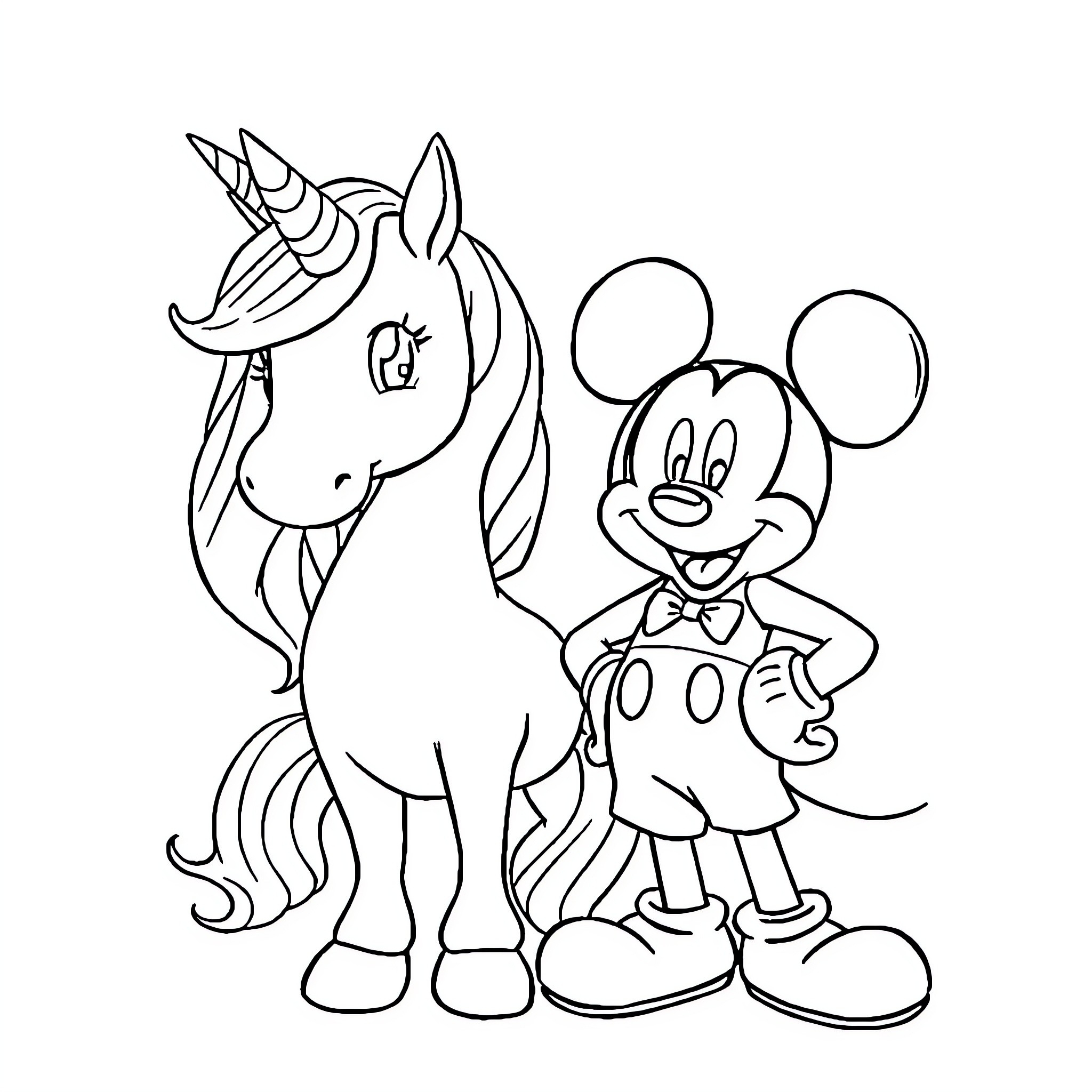 Unicorn and Mickey Mouse in Playful Embrace Coloring Page (free black-and-white line drawing printable PDF for all, from beginners to advanced learners, including children, teens, adults, and seniors)