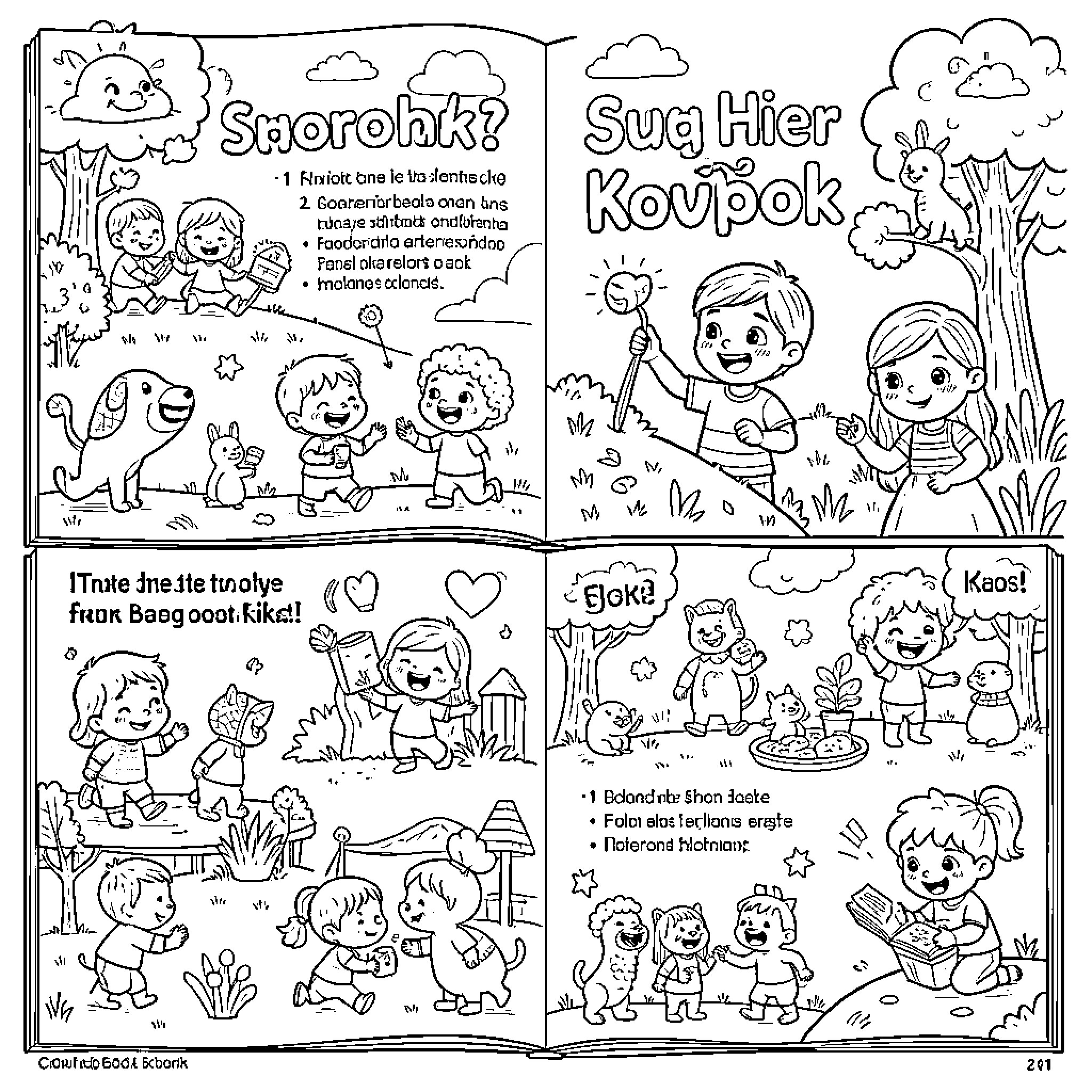 Book of children's activities and characters Coloring Page (free black-and-white line drawing printable PDF for all, from beginners to advanced learners, including children, teens, adults, and seniors)