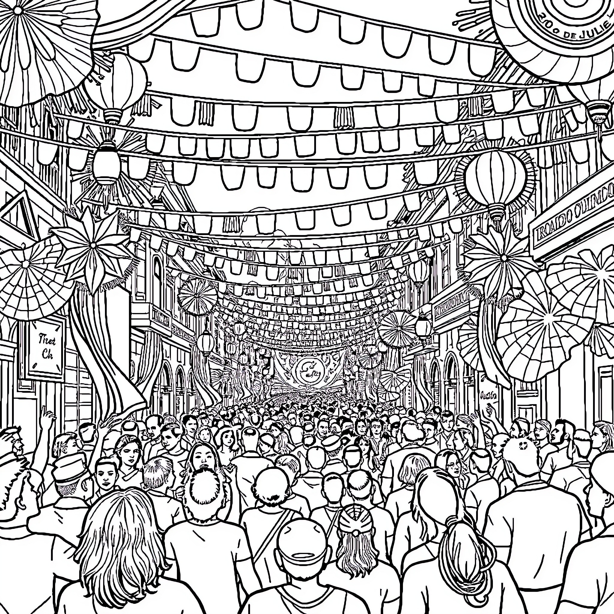 July 20 Festival Crowd Celebration with Decorations Coloring Page (free black-and-white line drawing printable PDF for all, from beginners to advanced learners, including children, teens, adults, and seniors)