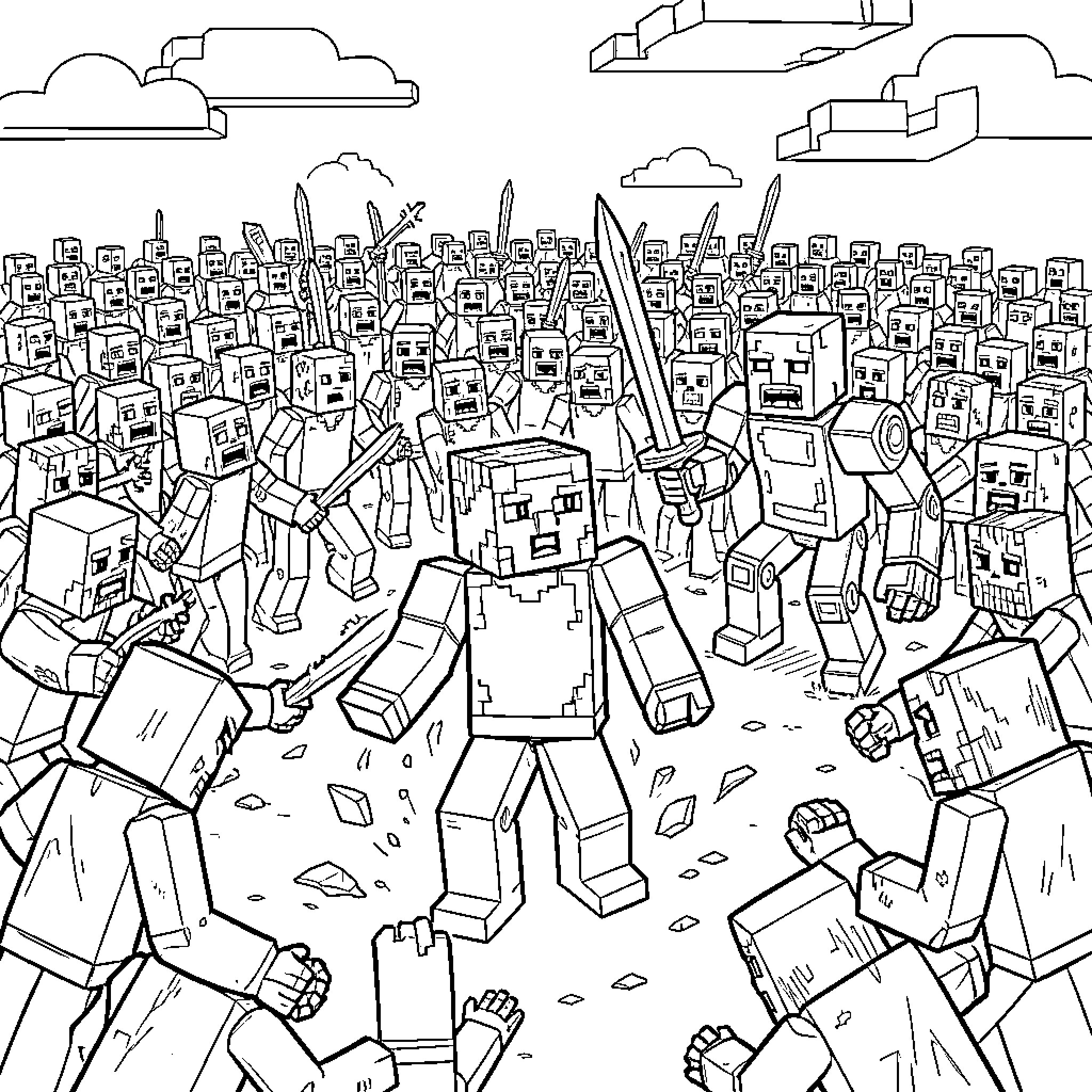 Minecraft Hero facing a massive crowd of zombies Coloring Page (free black-and-white line drawing printable PDF for all, from beginners to advanced learners, including children, teens, adults, and seniors)