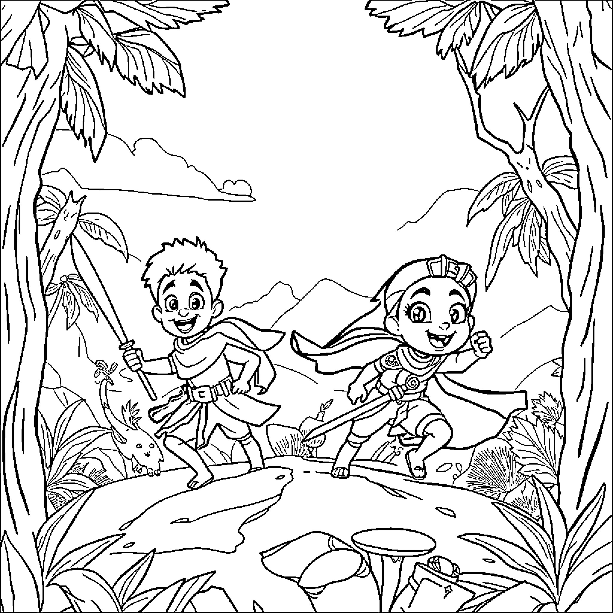 Kiya's Adventure in the Enchanted Jungle Coloring Page (free black-and-white line drawing printable PDF for all, from beginners to advanced learners, including children, teens, adults, and seniors)