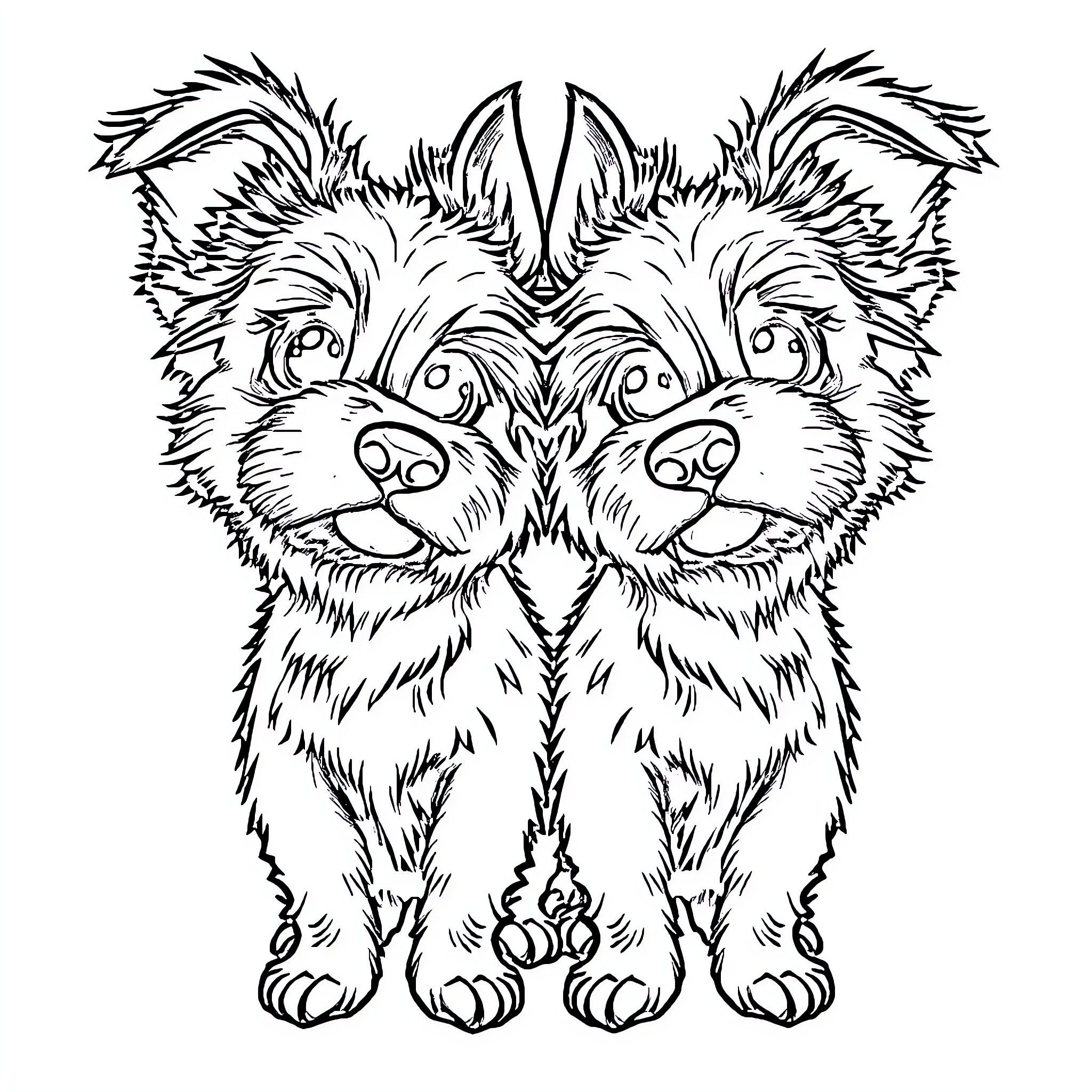 Two Headed Dog Playfully Embracing Coloring Page (free black-and-white line drawing printable PDF for all, from beginners to advanced learners, including children, teens, adults, and seniors)