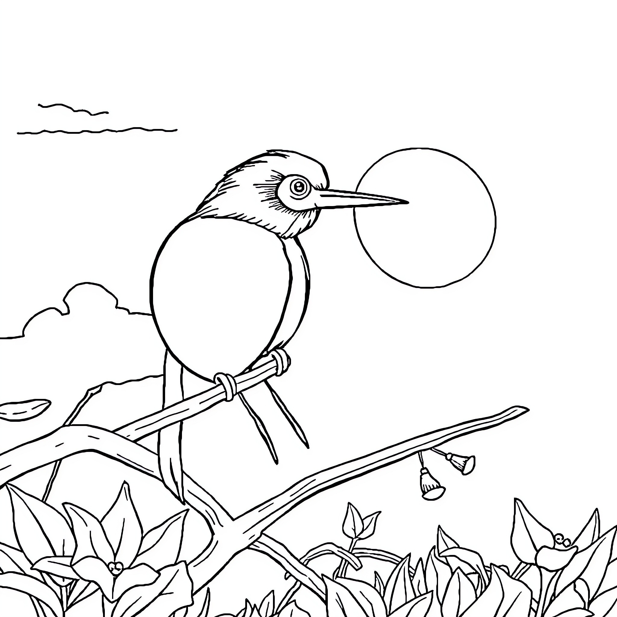 Berimbau bird perched in nature Coloring Page (free black-and-white line drawing printable PDF for all, from beginners to advanced learners, including children, teens, adults, and seniors)