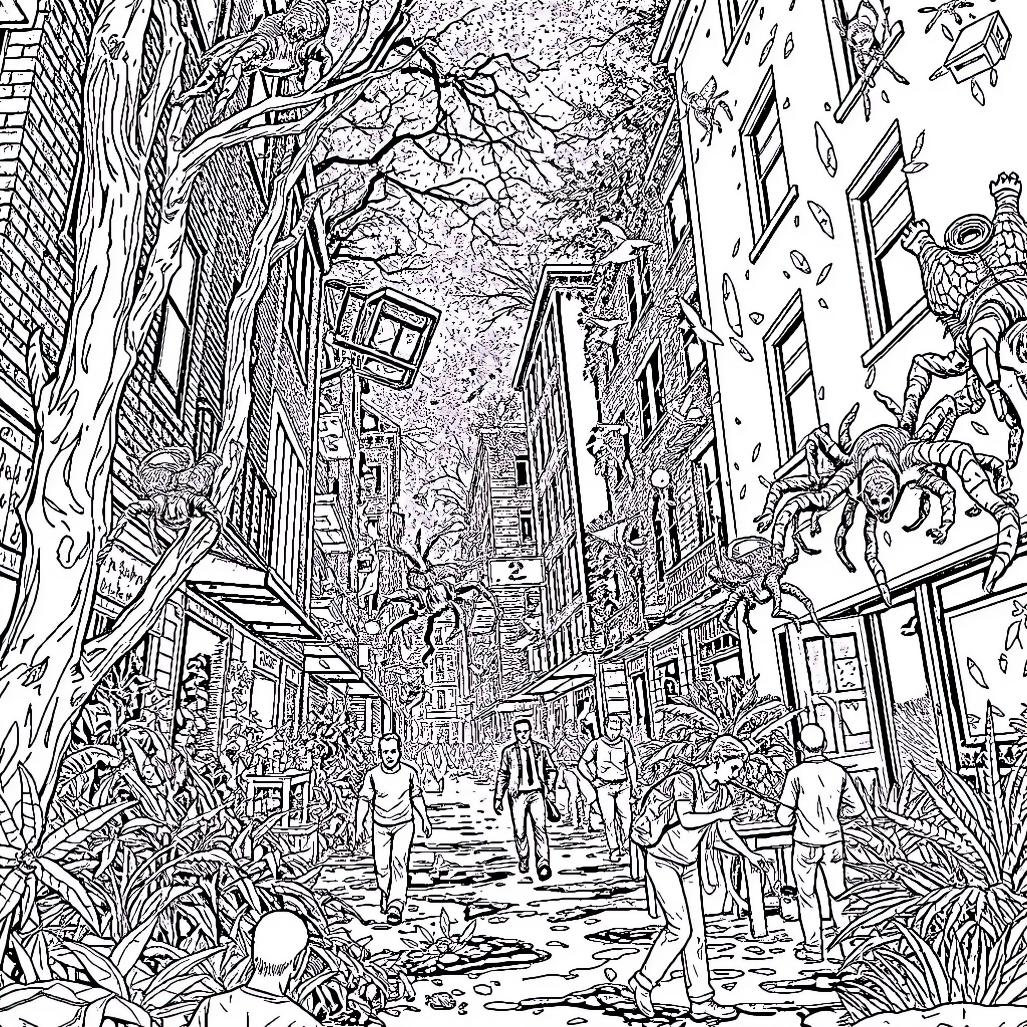 Clicker's Adventure in a Bustling Urban Landscape Coloring Page (free black-and-white line drawing printable PDF for all, from beginners to advanced learners, including children, teens, adults, and seniors)