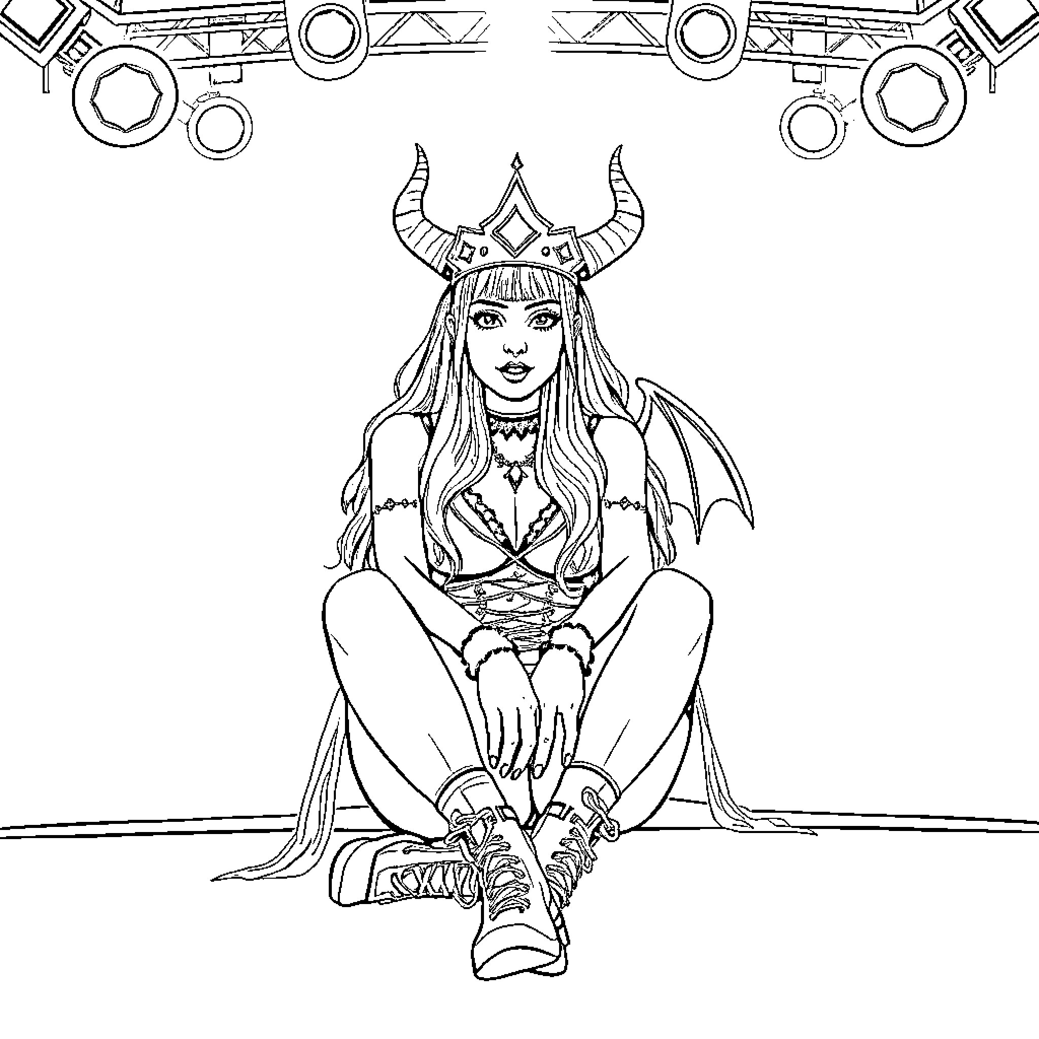 Zoë the Horned Creature in Intricate Attire Coloring Page (free black-and-white line drawing printable PDF for all, from beginners to advanced learners, including children, teens, adults, and seniors)
