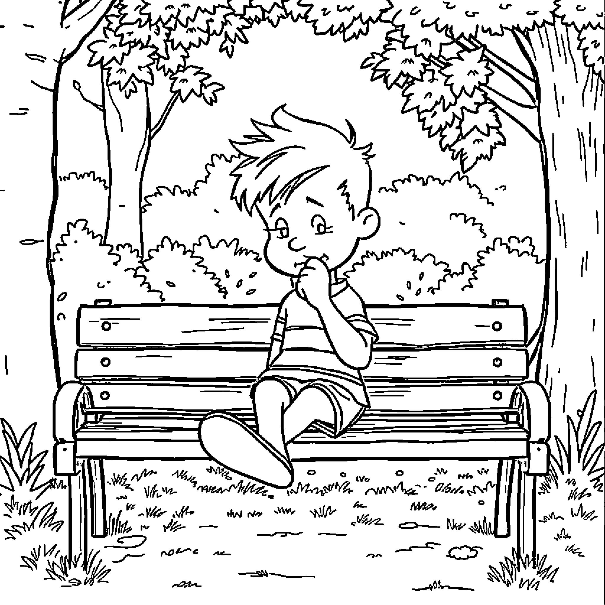 Calvin sitting alone on a bench in the park Coloring Page (free black-and-white line drawing printable PDF for all, from beginners to advanced learners, including children, teens, adults, and seniors)