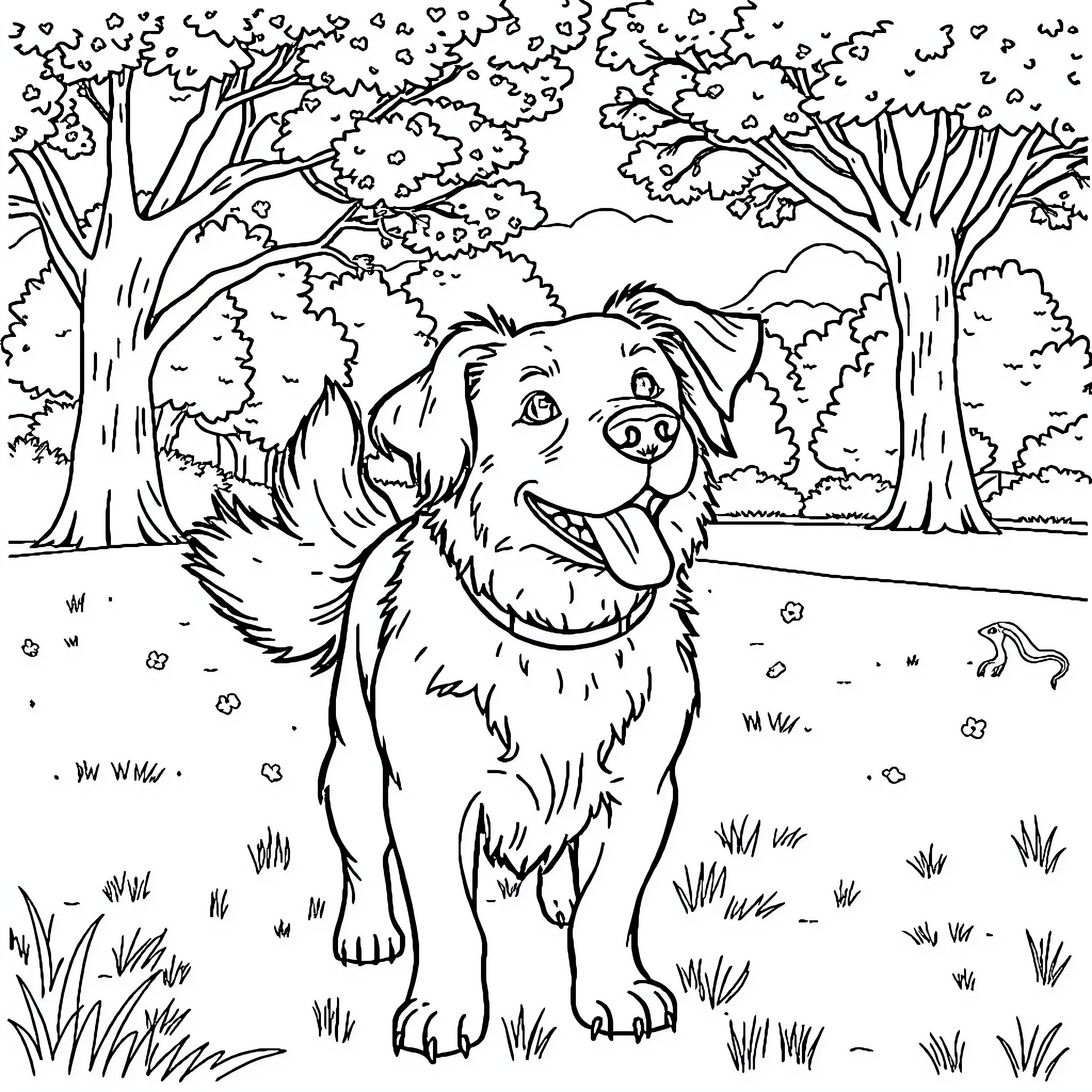 Dog happily exploring the forest Coloring Page (free black-and-white line drawing printable PDF for all, from beginners to advanced learners, including children, teens, adults, and seniors)